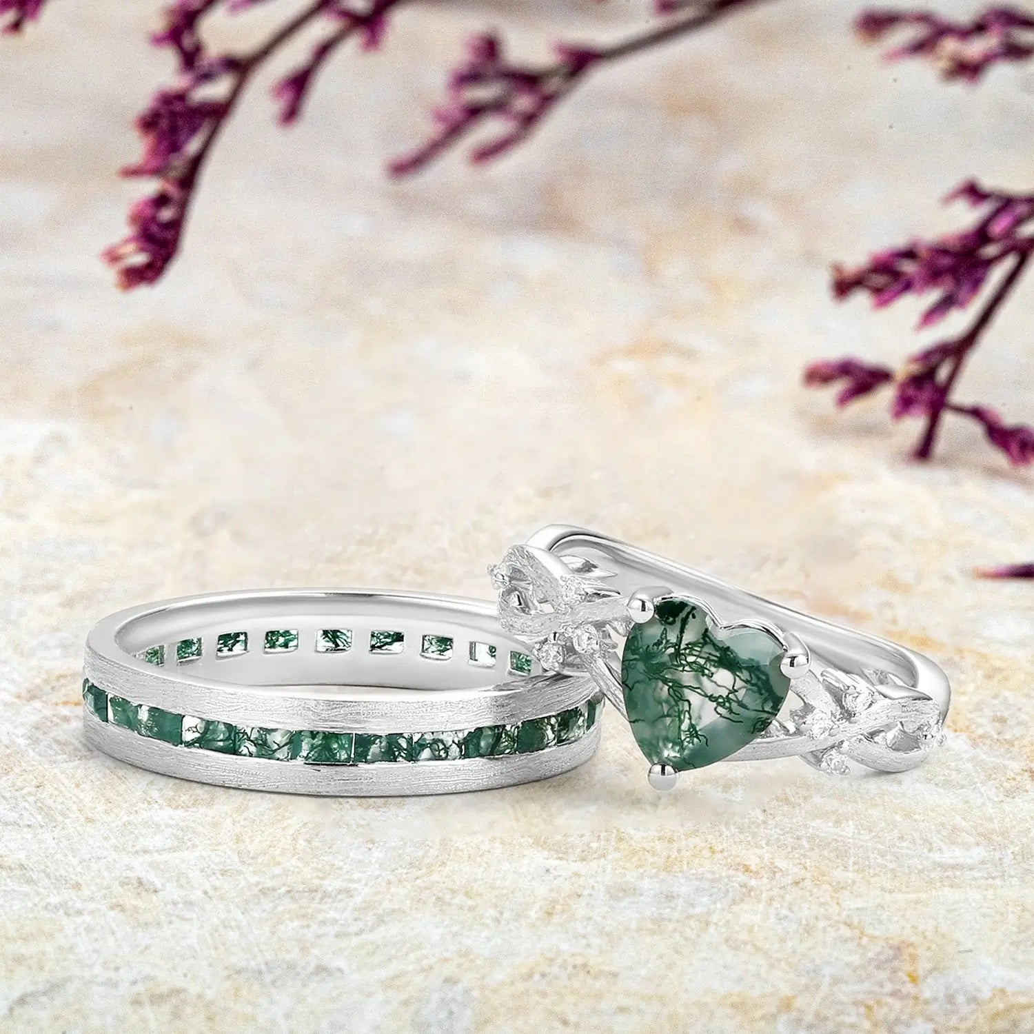 Heart Shape Moss Agate Couple Ring Set – Infinity Leaf Rings White Gold men bands - Eternity Rings