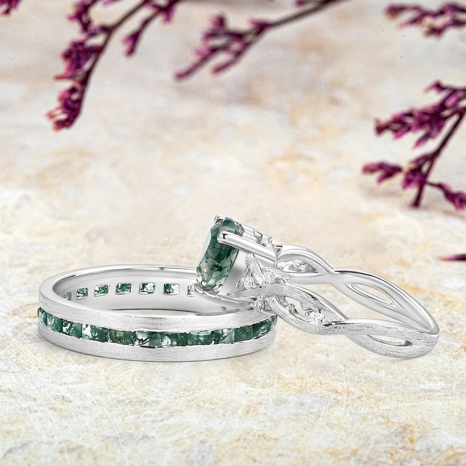 Heart Shape Moss Agate Couple Ring Set – Infinity Leaf Rings White Gold men bands - Eternity Rings