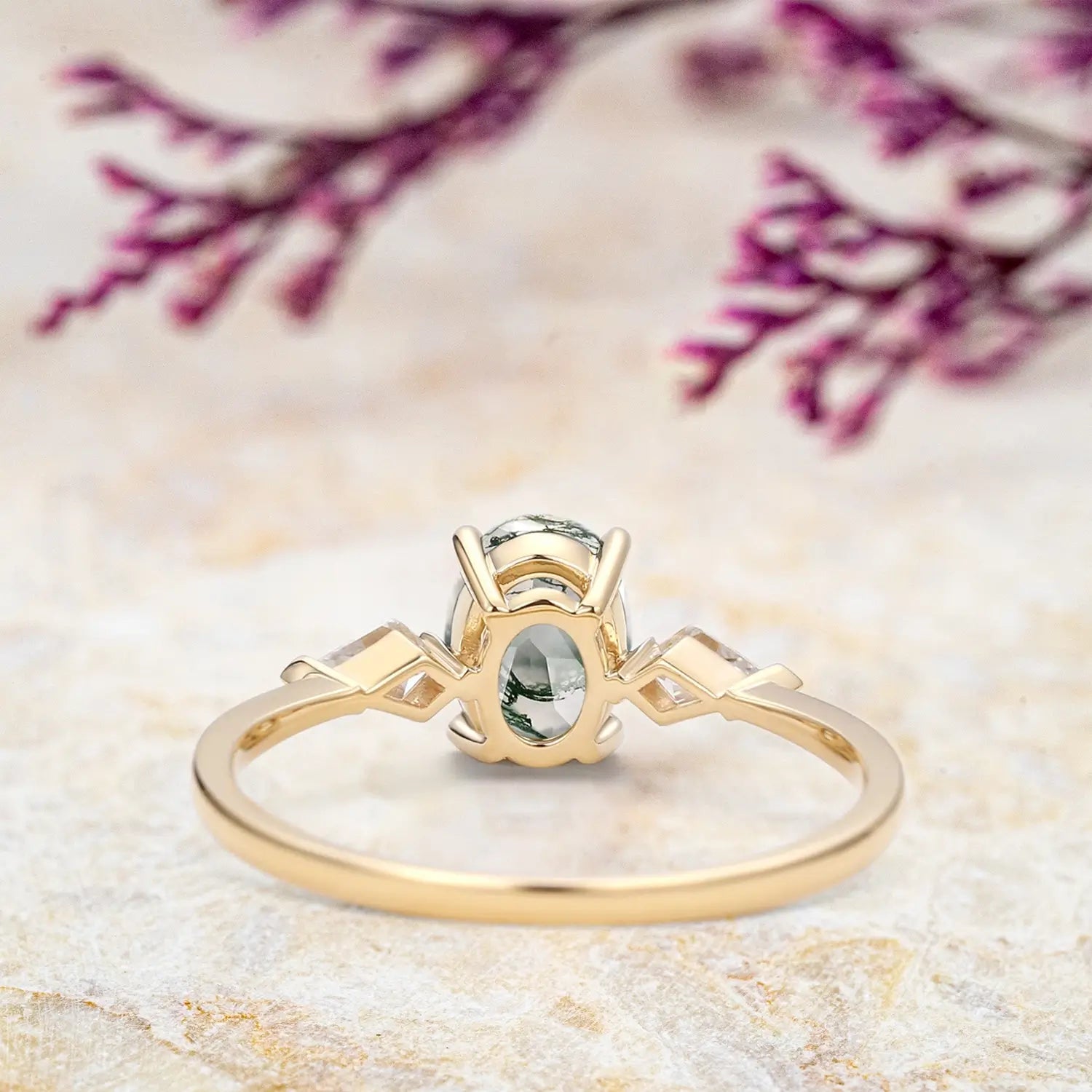 Classic Oval Moss Agate Engagement Ring - Three Stone Rings Rose gold promise jewelry gift