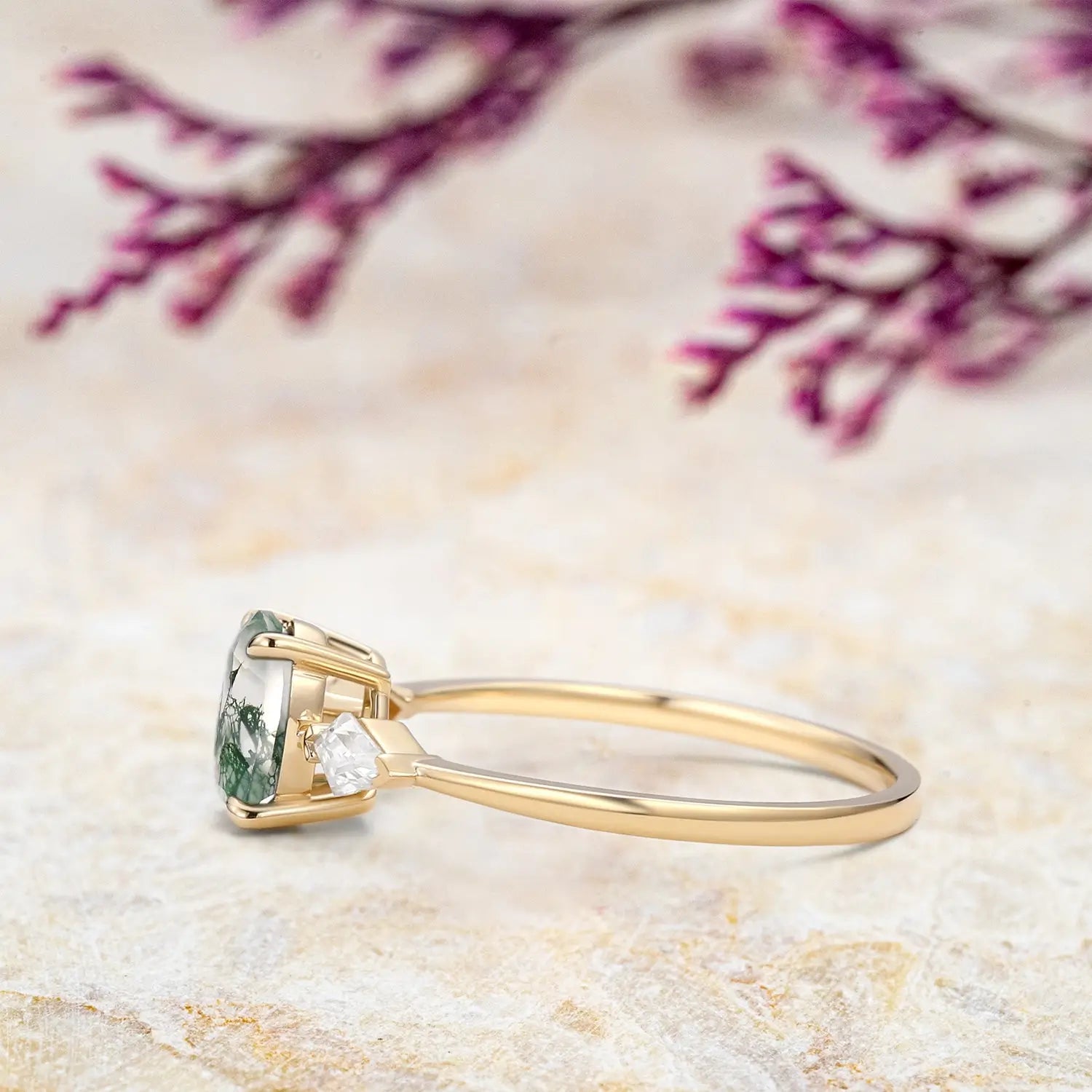 Classic Oval Moss Agate Engagement Ring - Three Stone Rings Rose gold promise jewelry gift