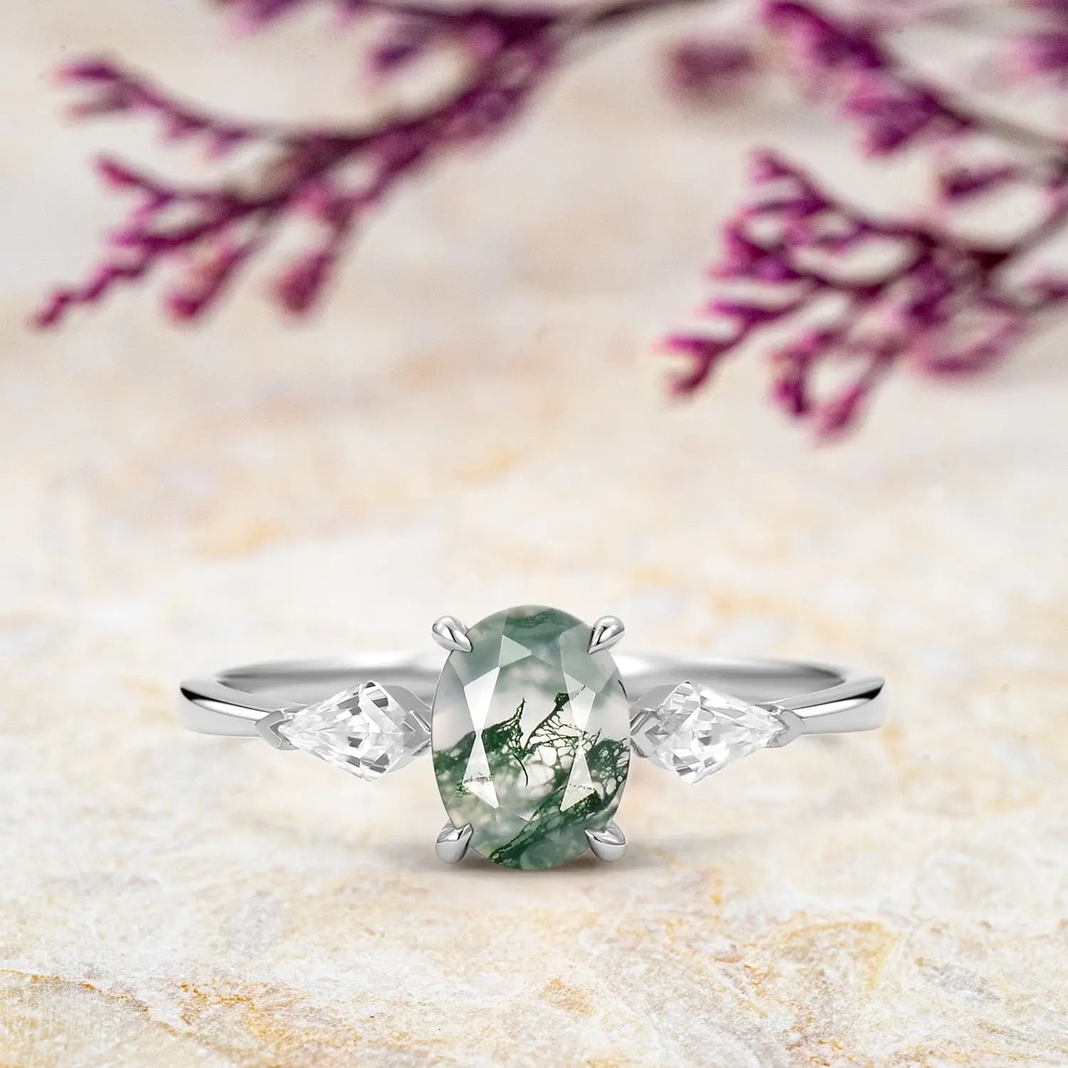 Classic Oval Moss Agate Engagement Ring - Three Stone Rings white gold promise jewelry gift