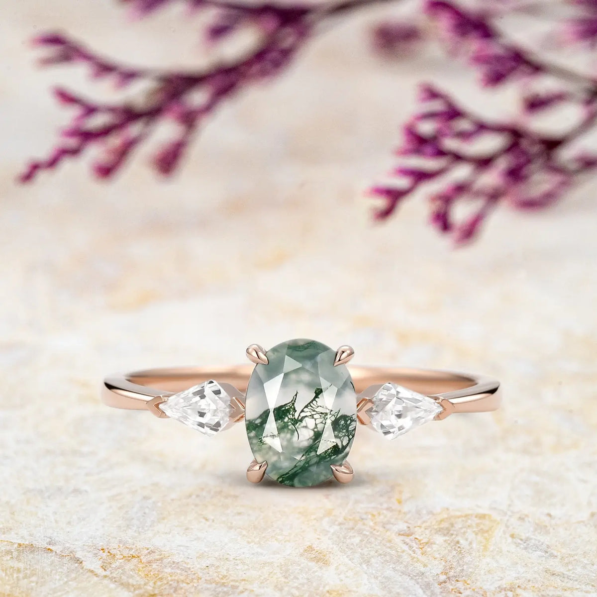 Classic Oval Moss Agate Engagement Ring - Three Stone Rings Rose gold promise jewelry gift