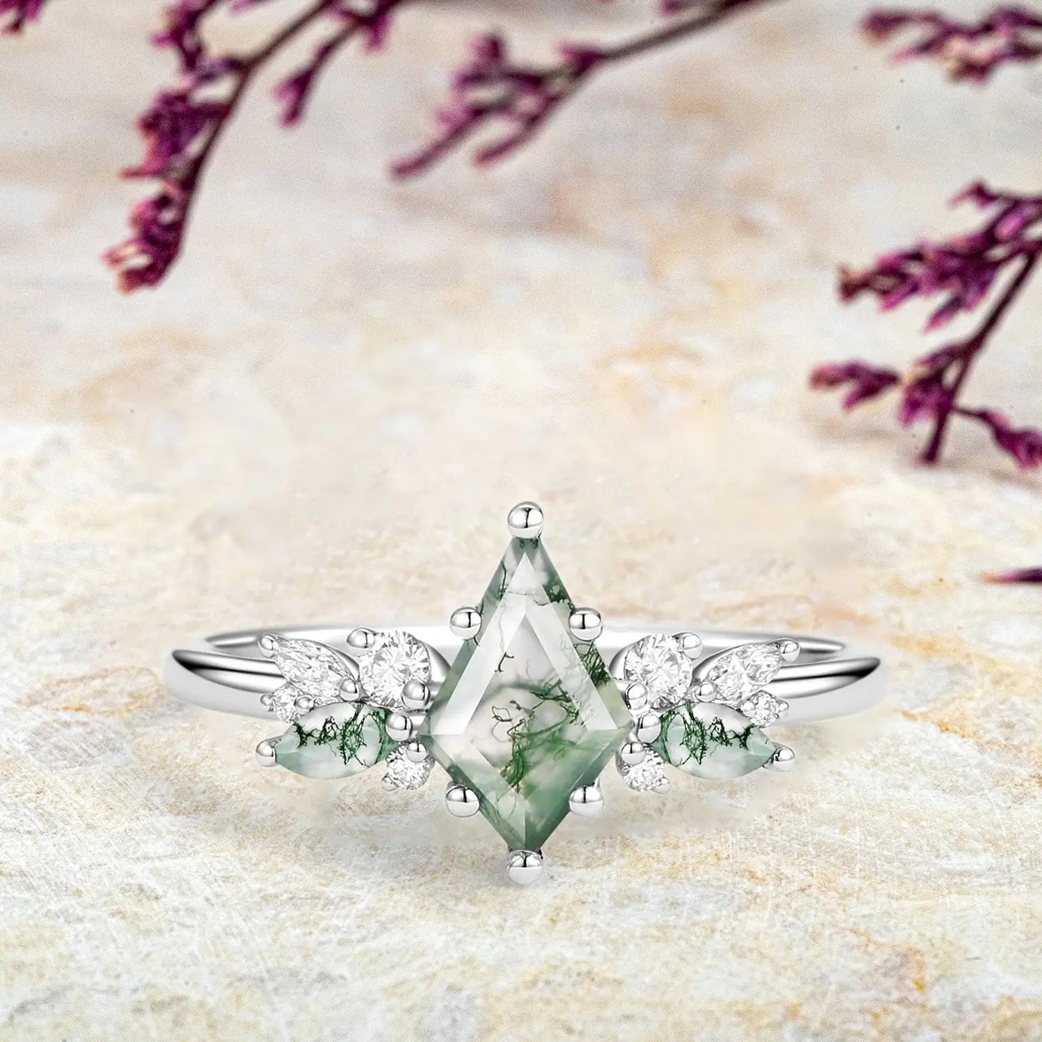 Whispering Willow – Kite Cut Moss Agate Engagement Ring - White Gold