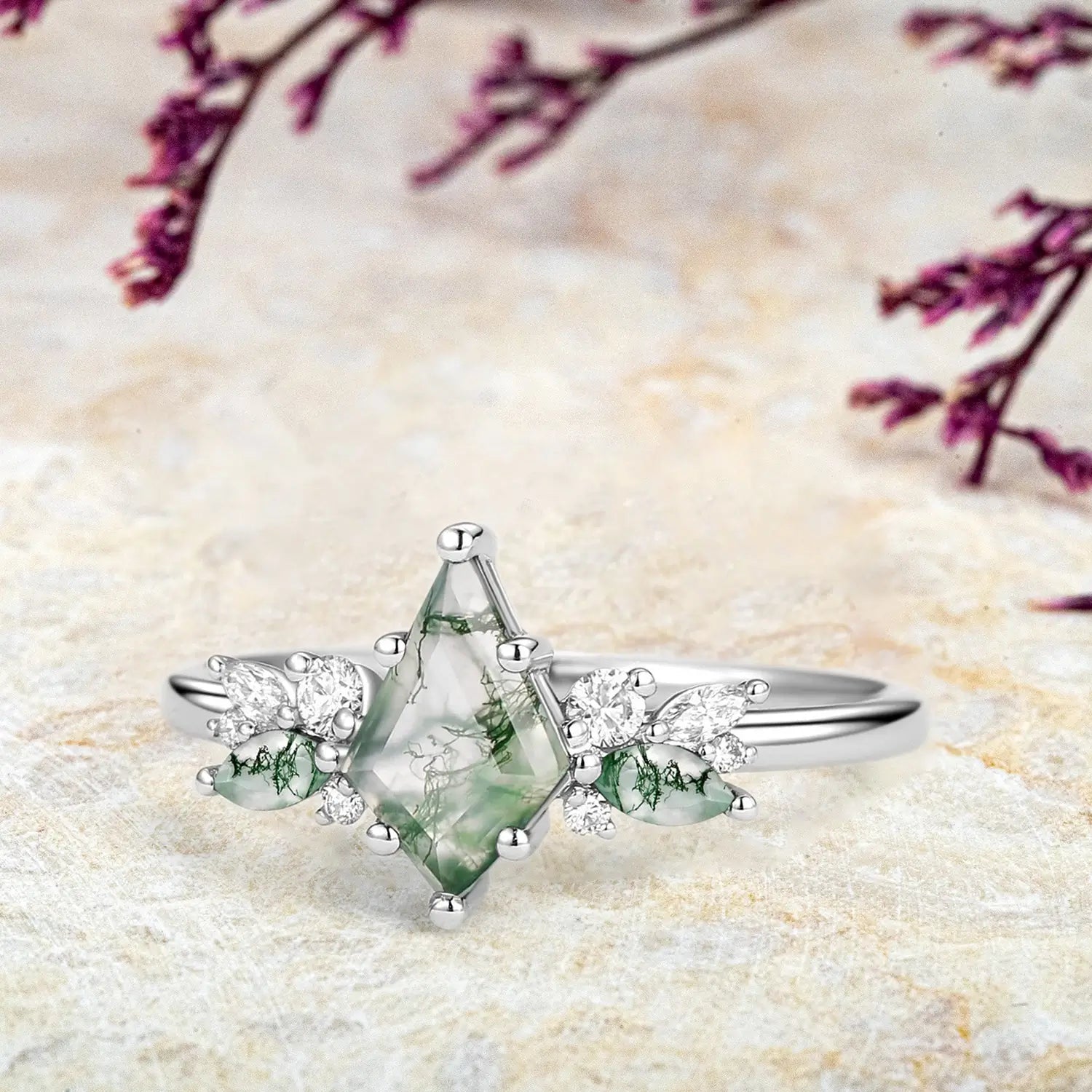 Whispering Willow – Kite Cut Moss Agate Engagement Ring - White Gold jewelry for women promise gift