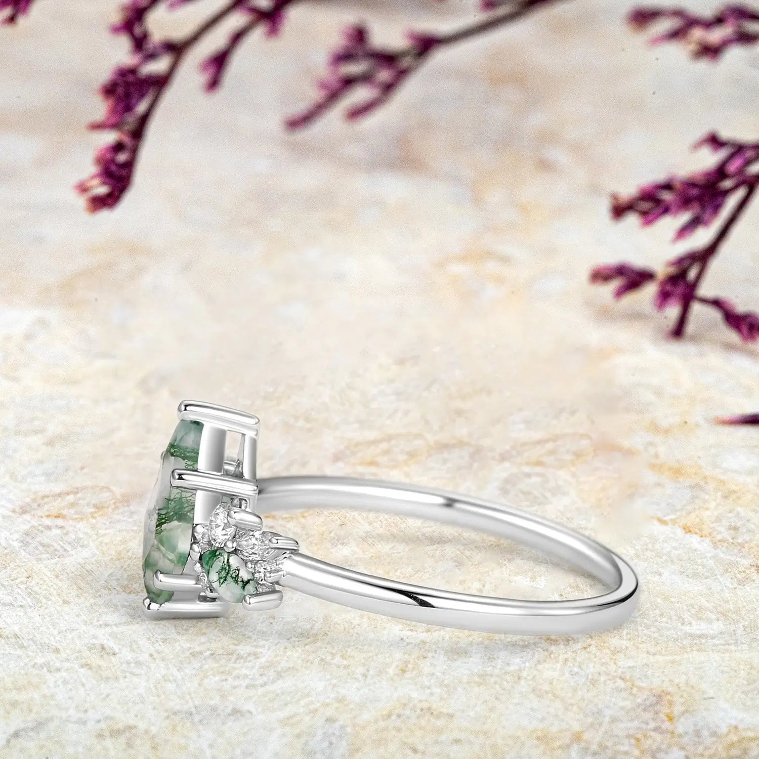 Whispering Willow – Kite Cut Moss Agate Engagement Ring - White Gold jewelry for women promise gift