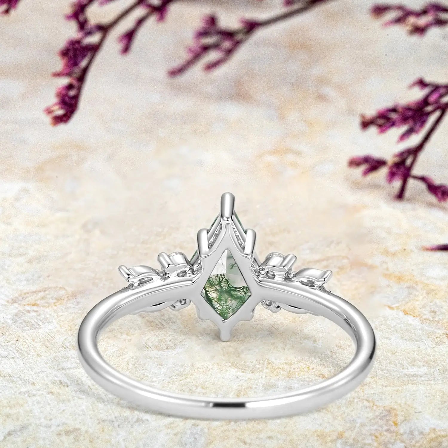 Whispering Willow – Kite Cut Moss Agate Engagement Ring - White Gold jewelry for women promise gift