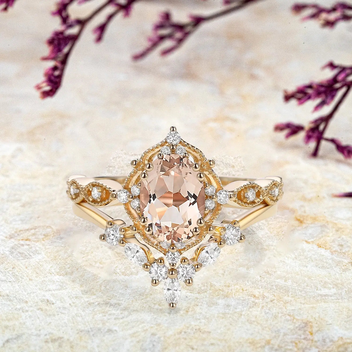 Oval Peach Morganite Engagement Ring Set - Vintage Gold Rings anniversary promise gift