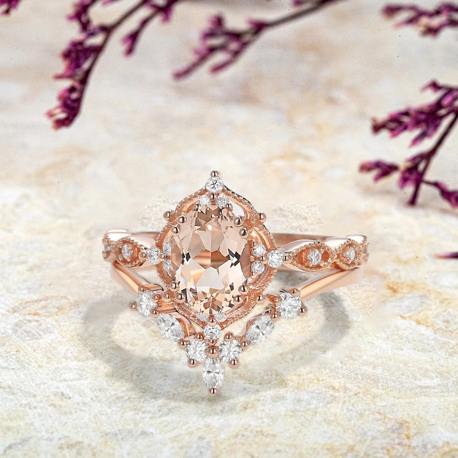 Oval Peach Morganite Engagement Ring Set - Vintage Gold Rings anniversary promise gift for ladies