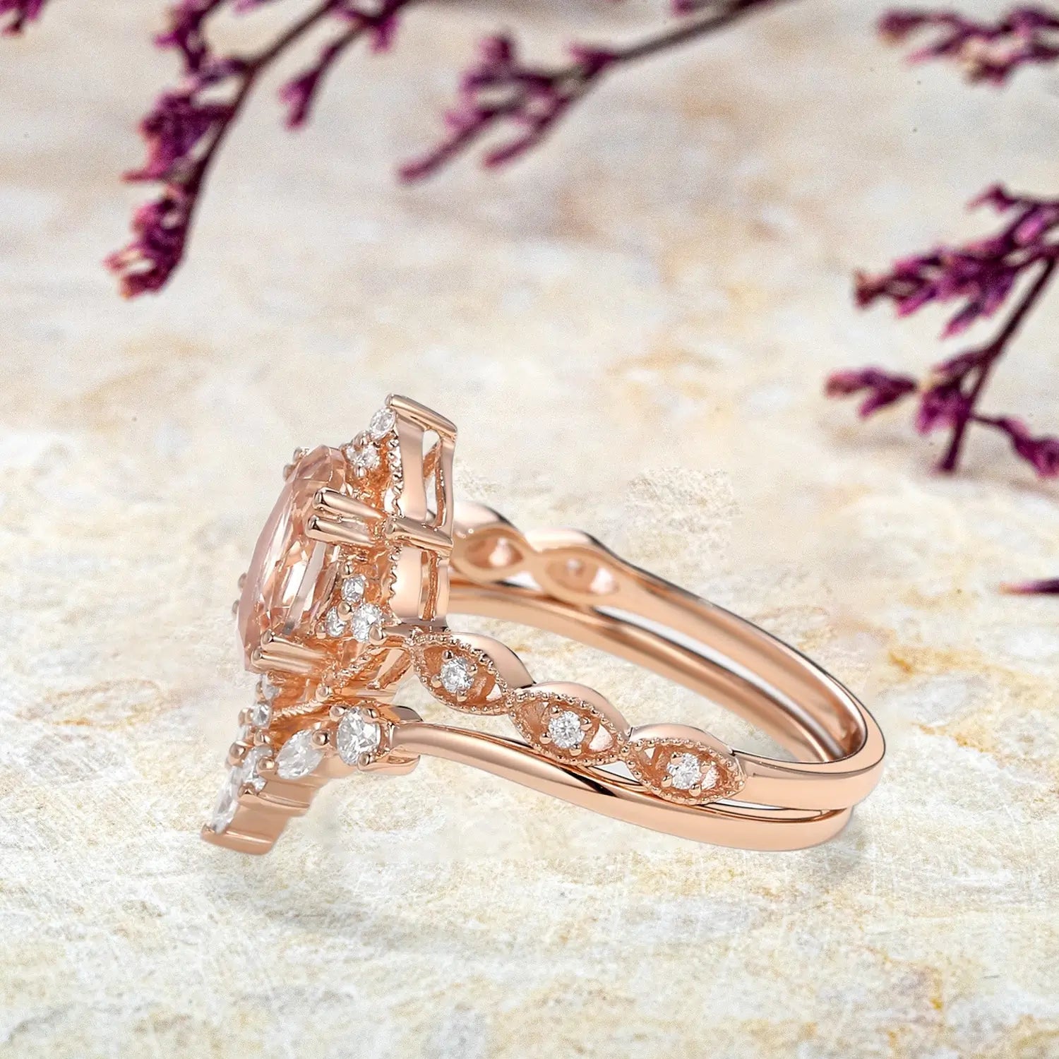 Oval Peach Morganite Engagement Ring Set - Vintage Gold Rings anniversary promise gift for ladies