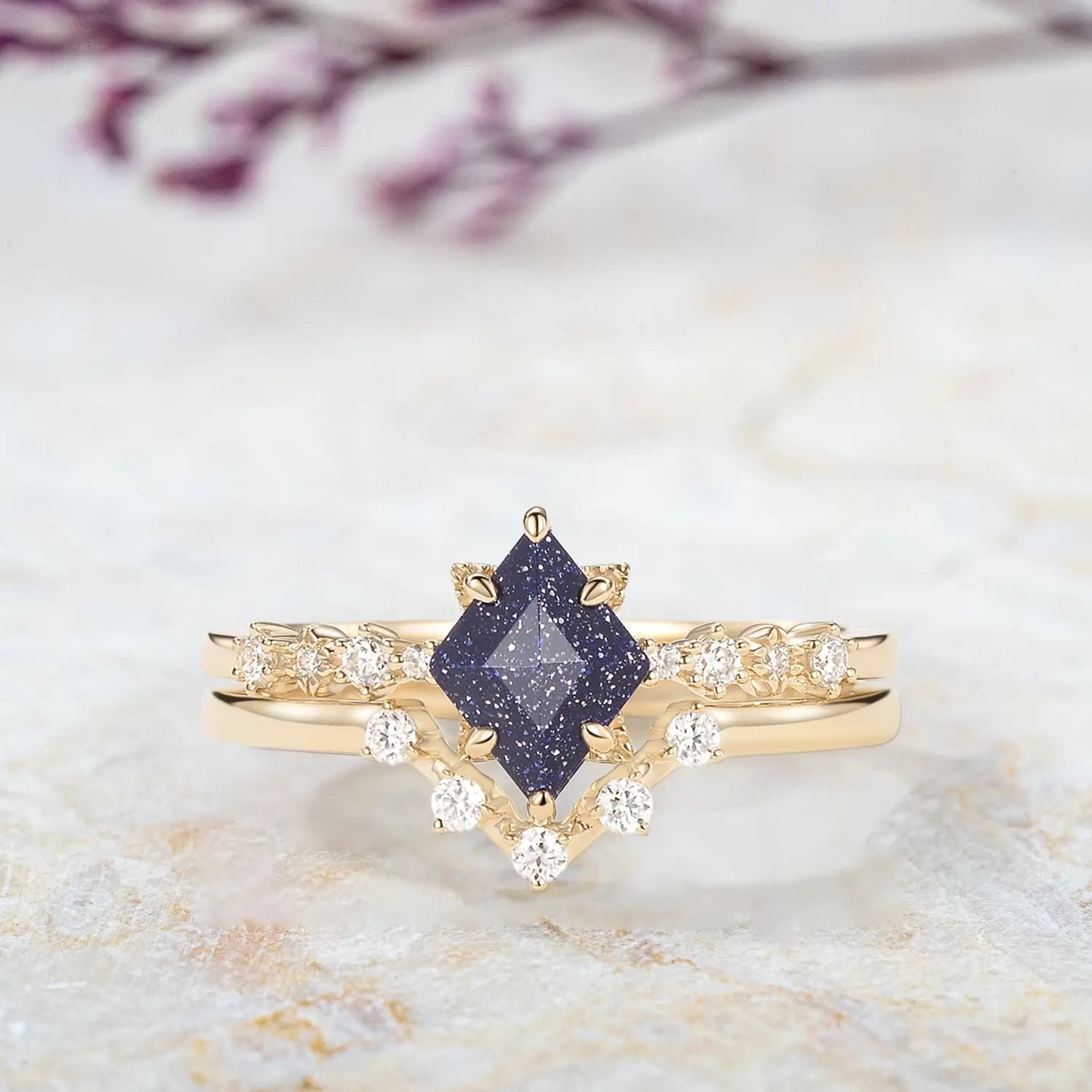 Celestia Nightfall – 2pc Blue Sandstone Vintage Chevron Ring Set yellow gold rings for ladies