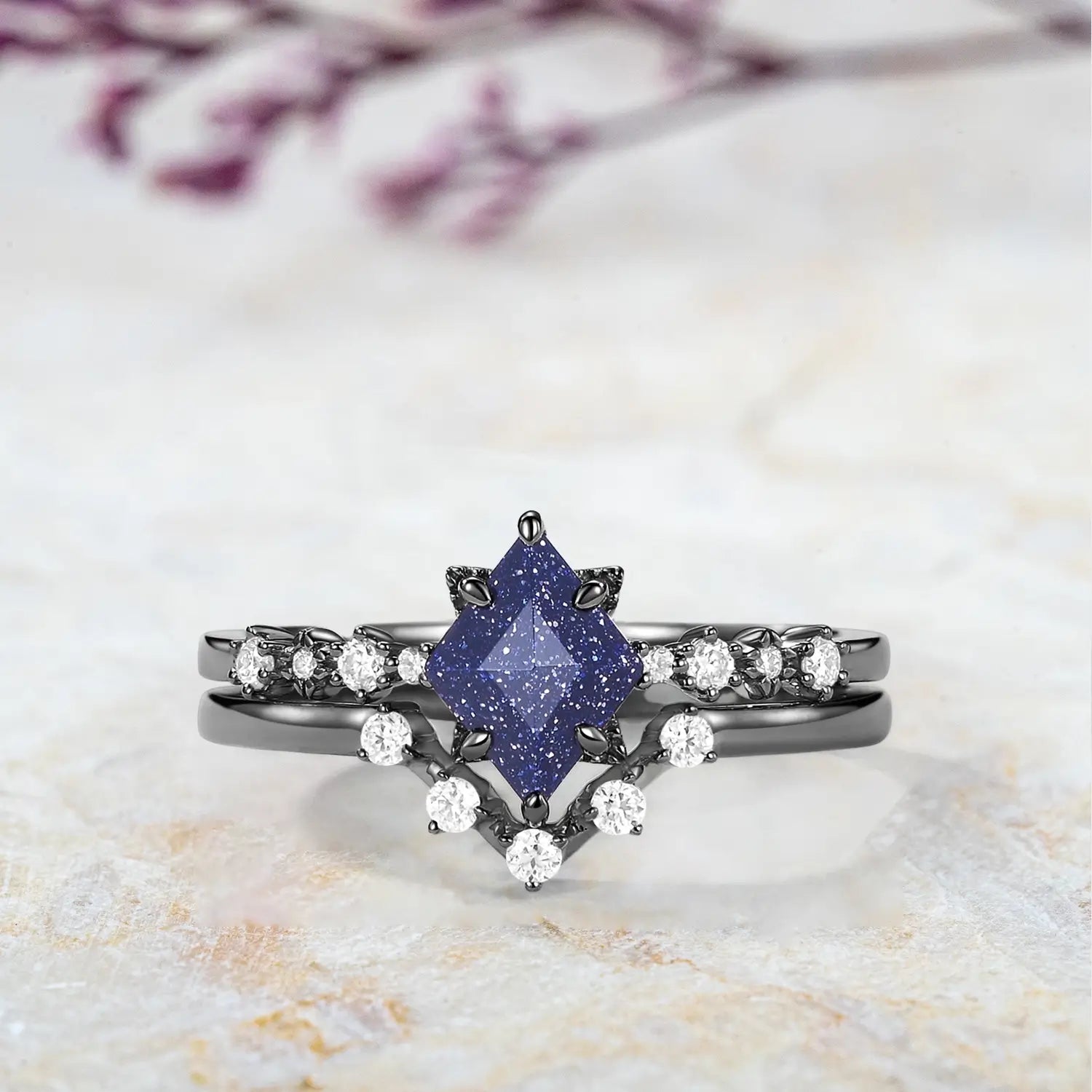 Celestia Nightfall – 2pc Blue Sandstone Vintage Chevron Ring Set black gold rings