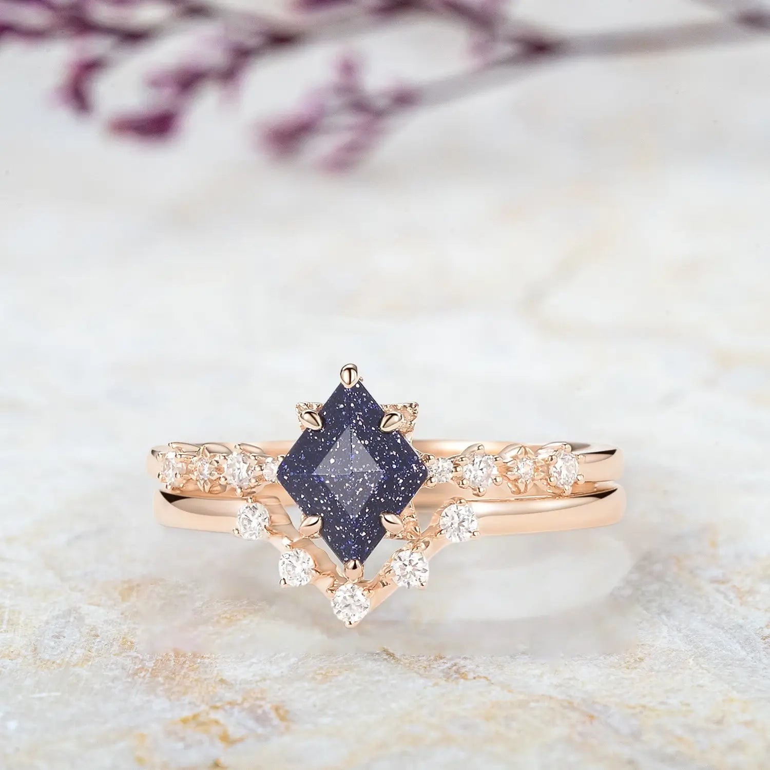 Celestia Nightfall – 2pc Blue Sandstone Vintage Chevron Ring Set yellow gold rings for ladies