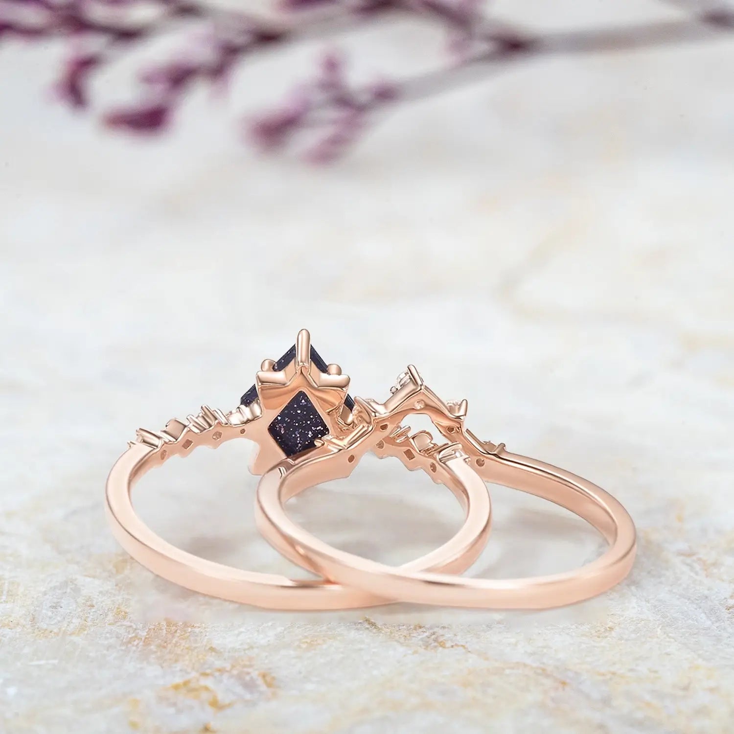 Celestia Nightfall – 2pc Blue Sandstone Vintage Chevron Ring Set yellow gold rings for ladies