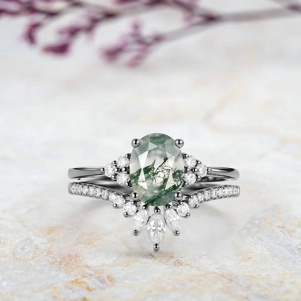 Moss Agate Oval Cluster Bridal Set – Handmade 2pc Moissanite Gold Rings for ladies anniversary gift