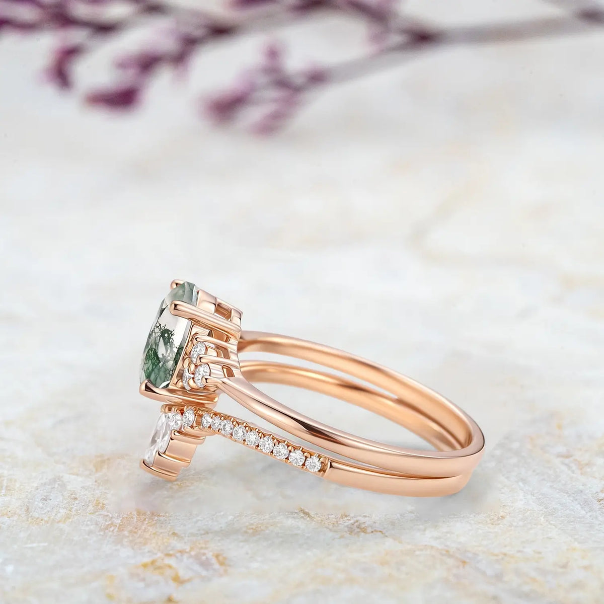 Moss Agate Oval Cluster Bridal Set – Handmade 2pc Moissanite Gold Rings for ladies anniversary gift
