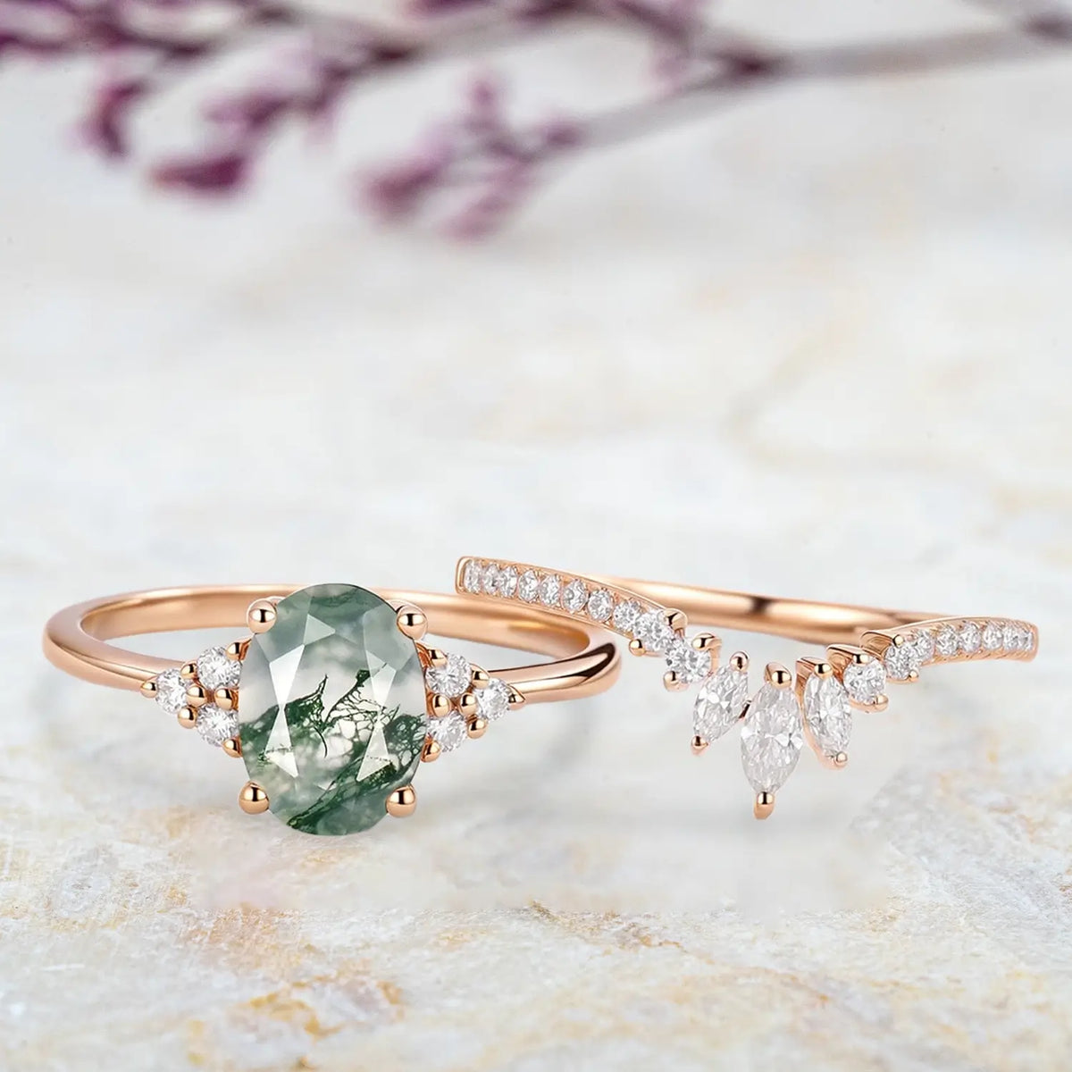 Moss Agate Oval Cluster Bridal Set – Handmade 2pc Moissanite Gold Rings for ladies anniversary gift