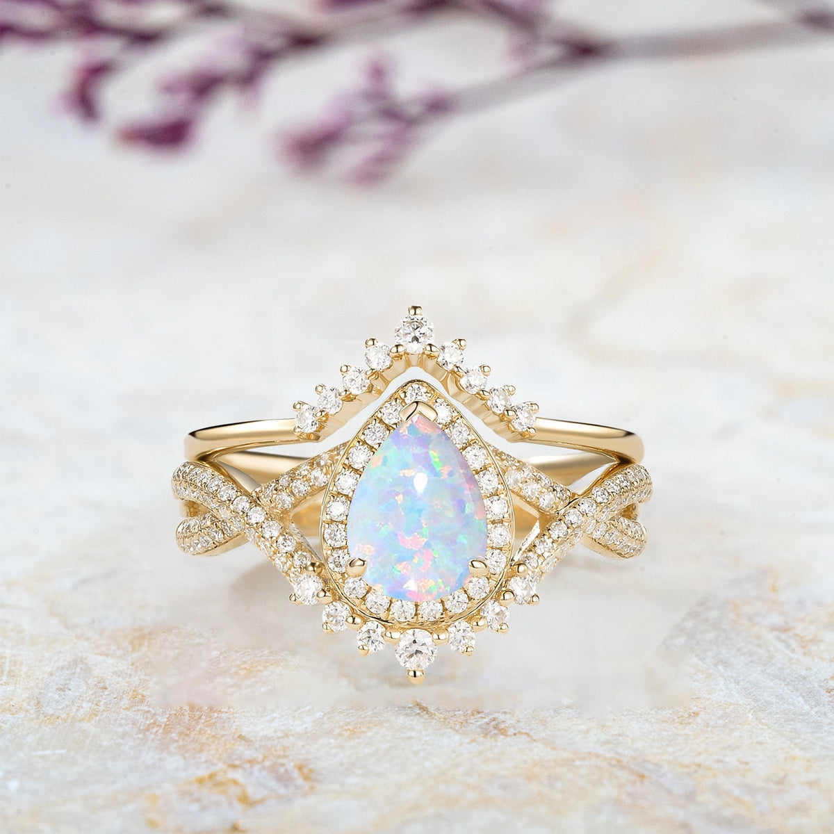 2pc Infinity Halo Opal Engagement Ring Set Pear Cut | orleone jewelry gold