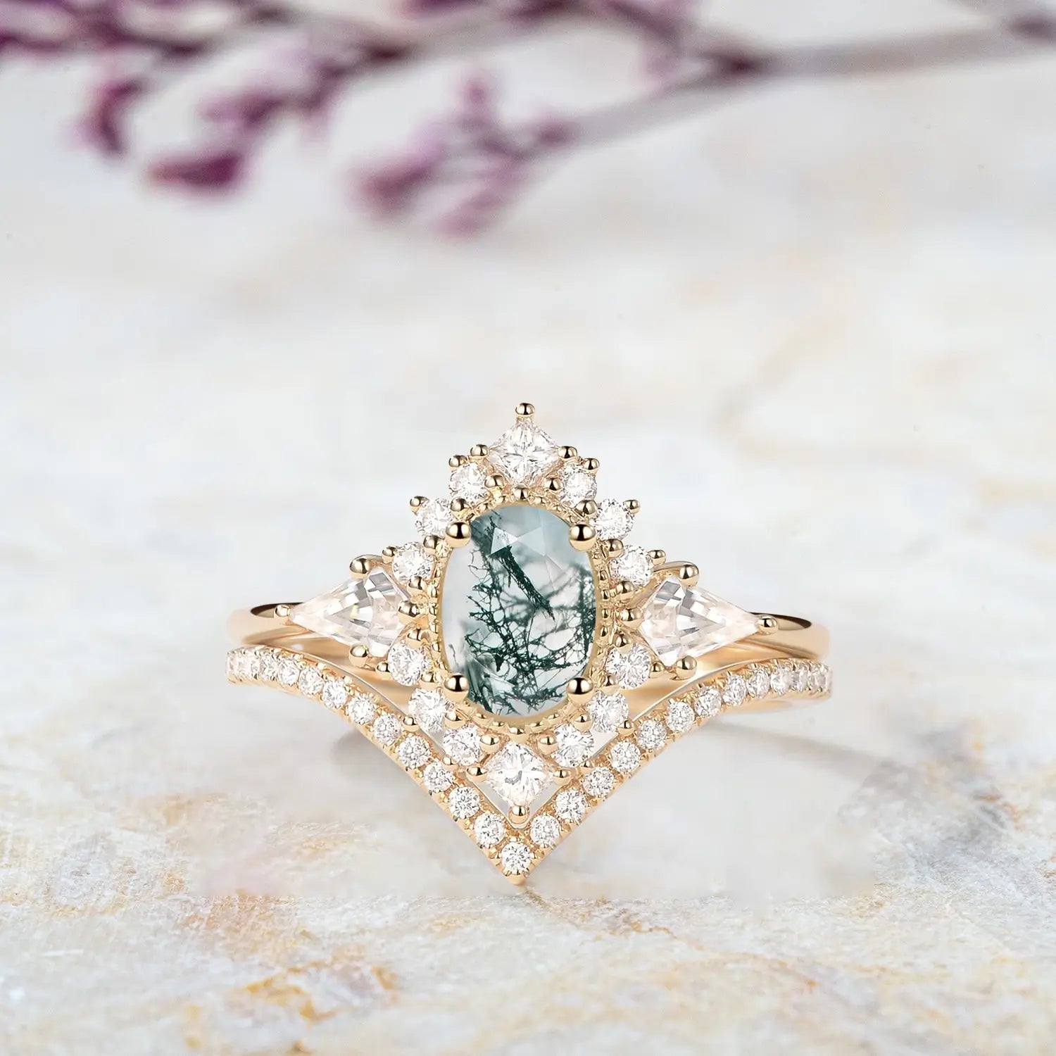 Sylvan Crown – 2pc Moss Agate Oval Halo Ring Bridal Set , custom gold engagement rings for ladies