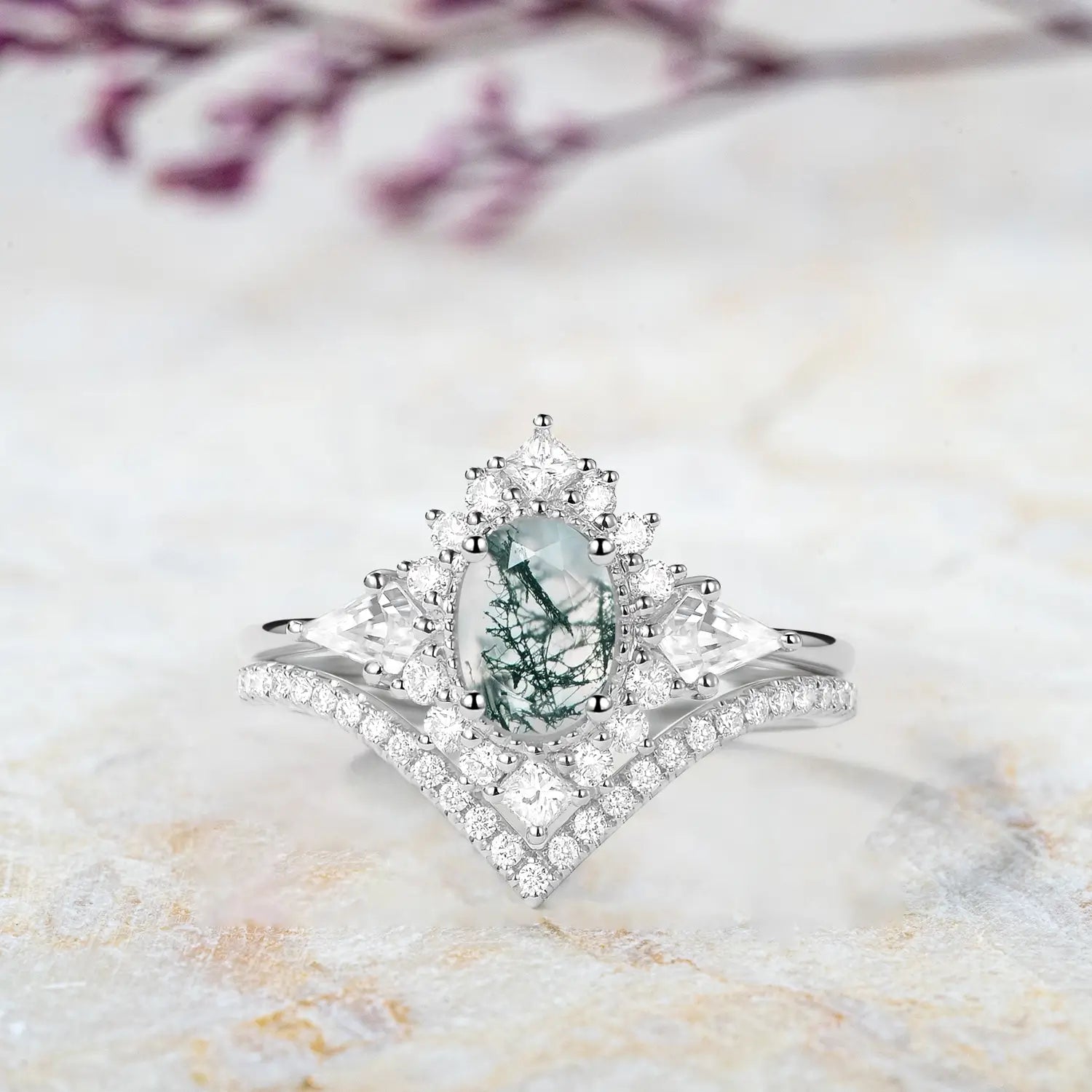 Sylvan Crown – 2pc Moss Agate Oval Halo Ring Bridal Set , custom white gold engagement rings for ladies