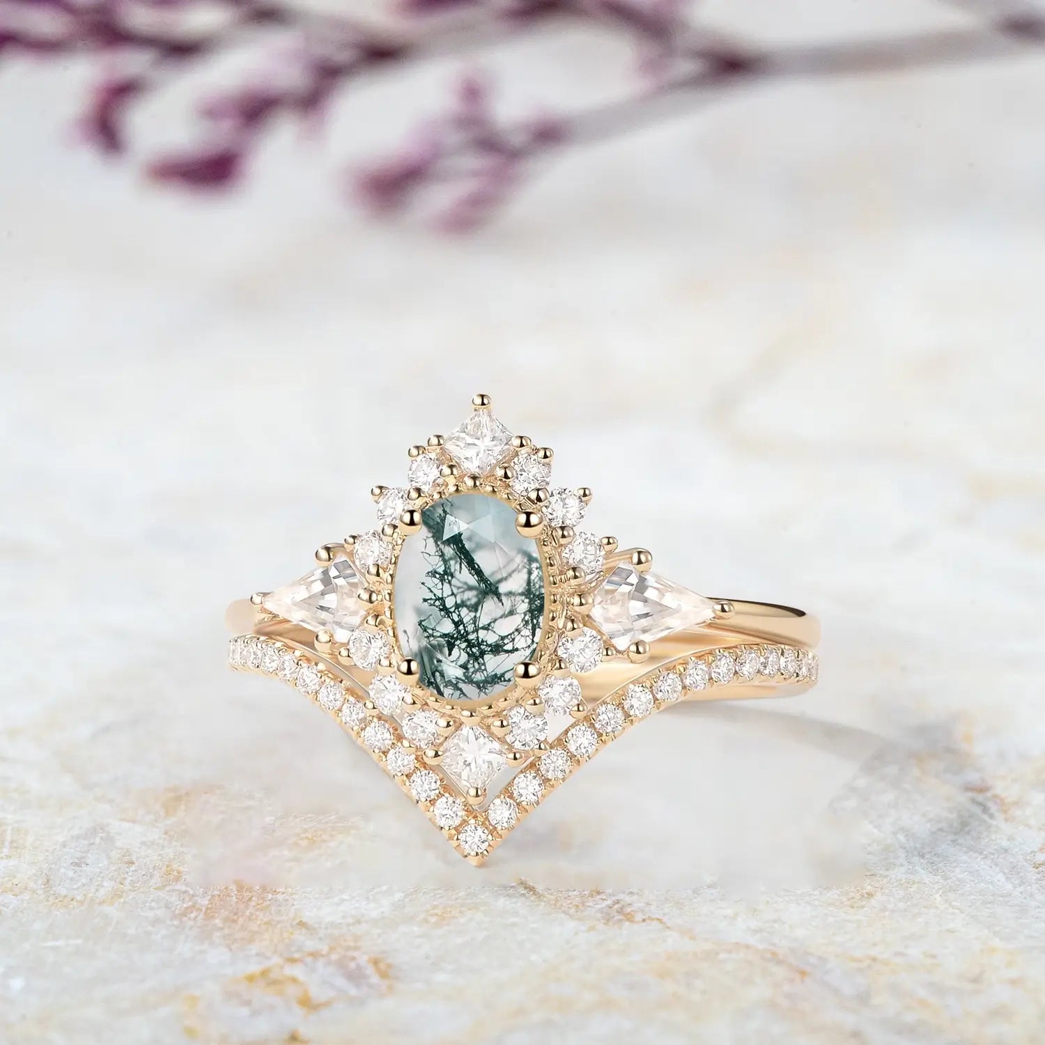 Sylvan Crown – 2pc Moss Agate Oval Halo Ring Bridal Set , custom gold engagement rings for ladies