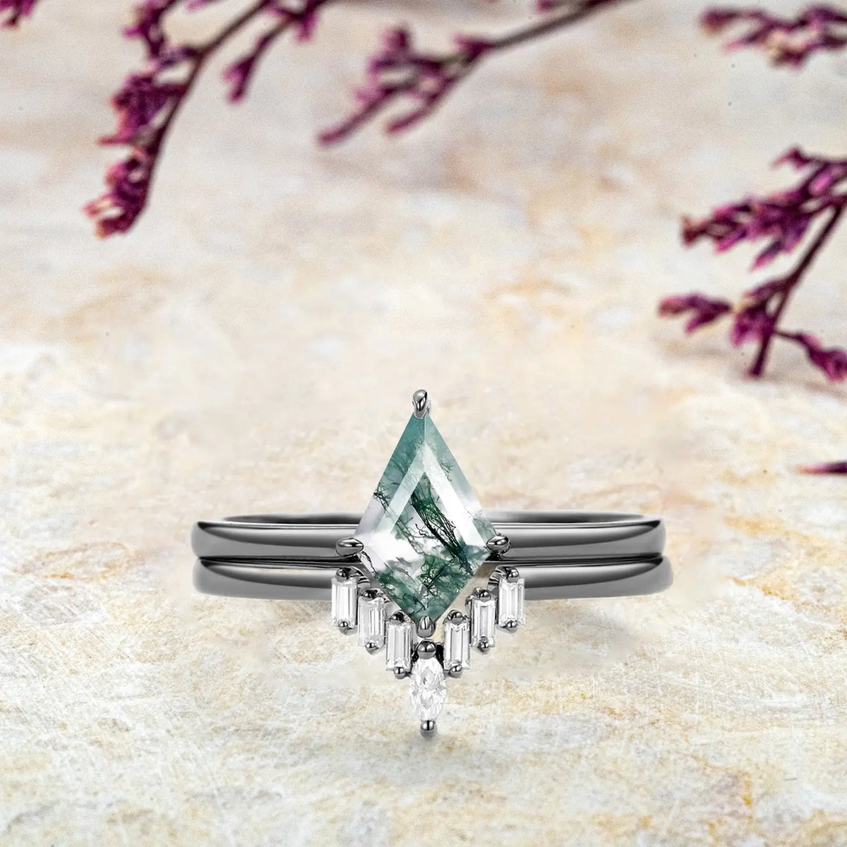 Kite Moss Agate Engagement Ring Set – 2pc Baguette Moissanite in 14k/18k black Gold | Handmade Jewelry