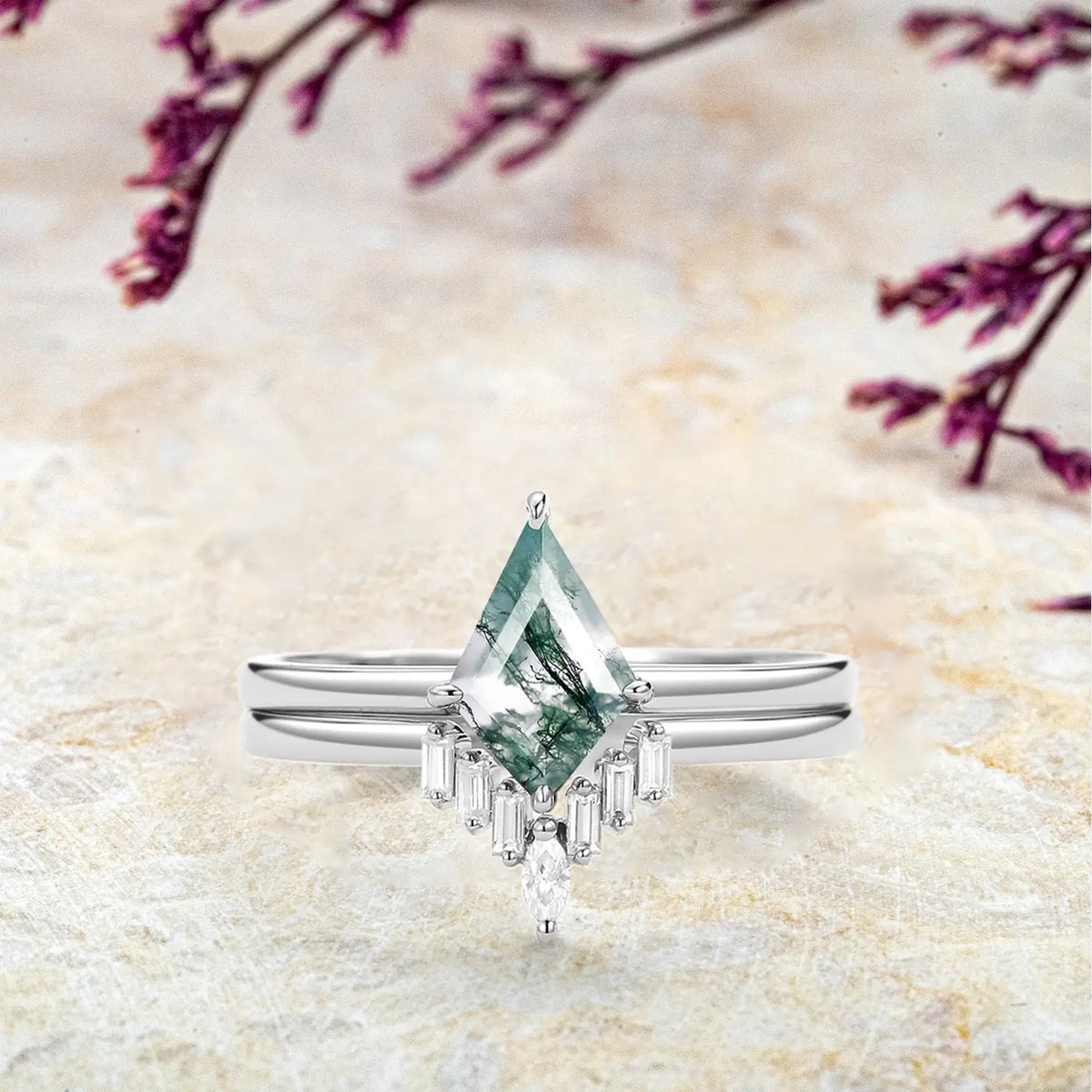 Kite Moss Agate Engagement Ring Set – 2pc Baguette Moissanite in 14k/18k Gold | Handmade Jewelry