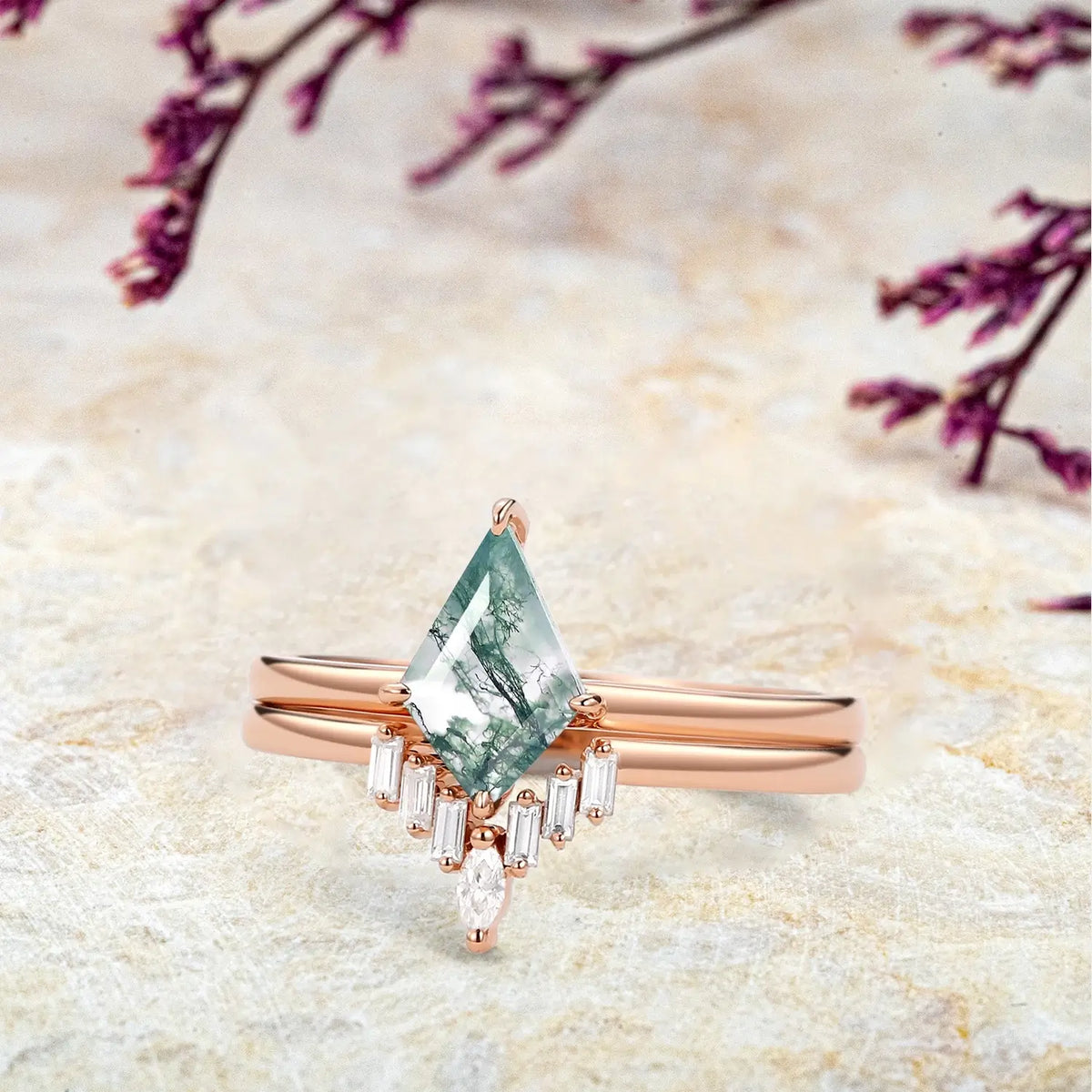Kite Moss Agate Engagement Ring Set – 2pc Baguette Moissanite in 14k/18k Gold | Handmade Nature-Inspired Jewelry