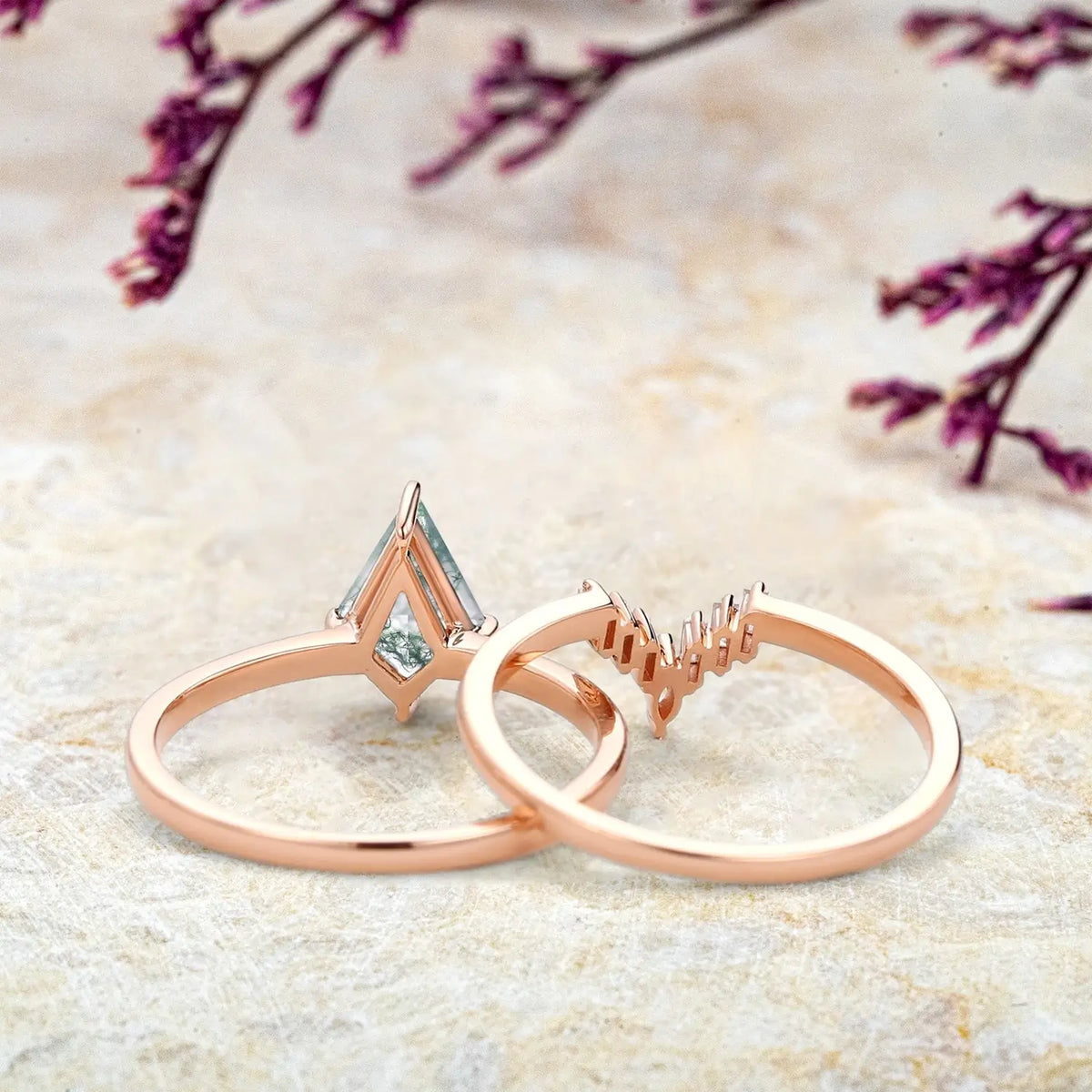 Kite Moss Agate Engagement Ring Set – 2pc Baguette Moissanite in 14k/18k Gold | Handmade Jewelry