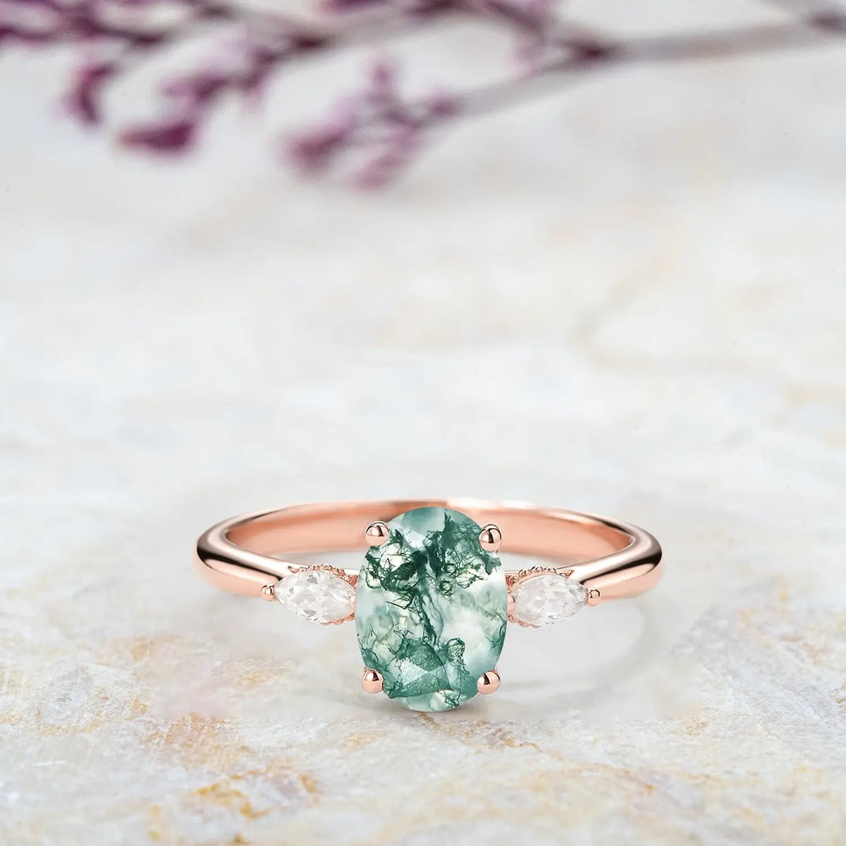 Moss Agate Oval Three Stone Engagement Ring – Hidden Halo Rings
