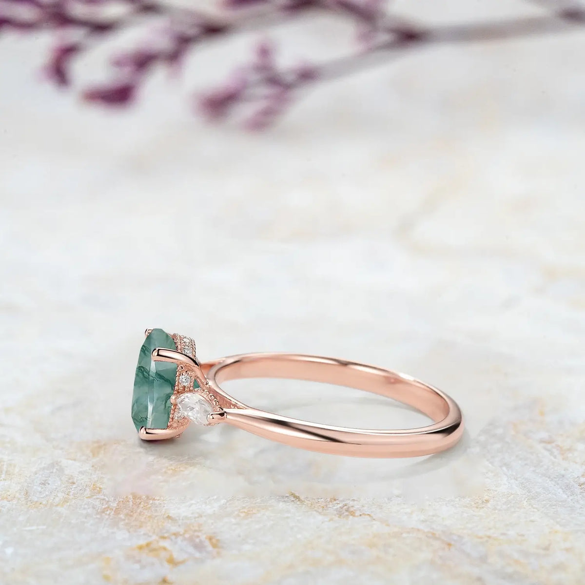 Moss Agate Oval Three Stone Engagement Ring – Hidden Halo Rings