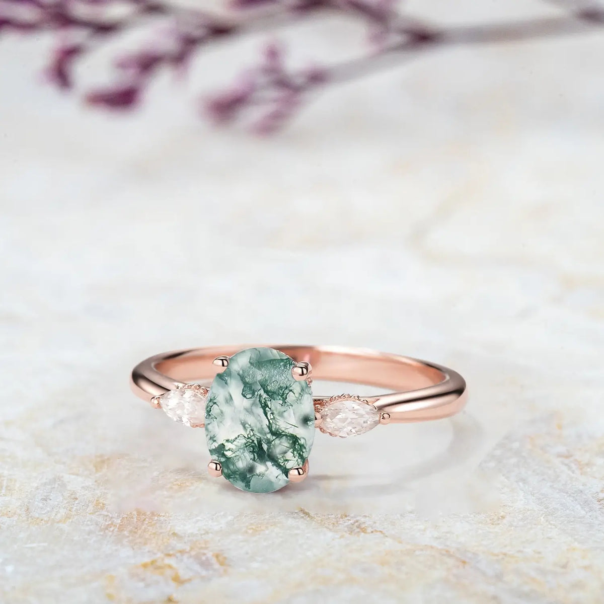 Moss Agate Oval Three Stone Engagement Ring – Hidden Halo Rings