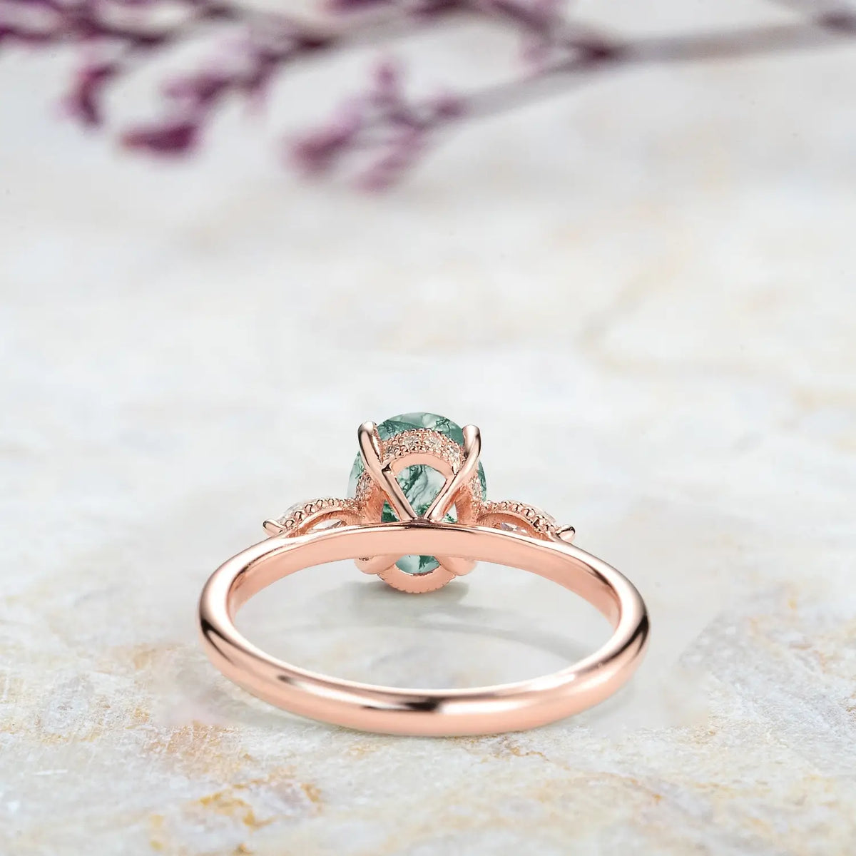 Moss Agate Oval Three Stone Engagement Ring – Hidden Halo Rings