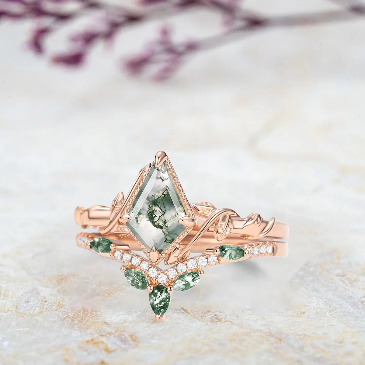 Forest Crown | Moss Agate Kite Leaf Engagement Ring Set – 2pcs Bridal Promise Ring rose gold