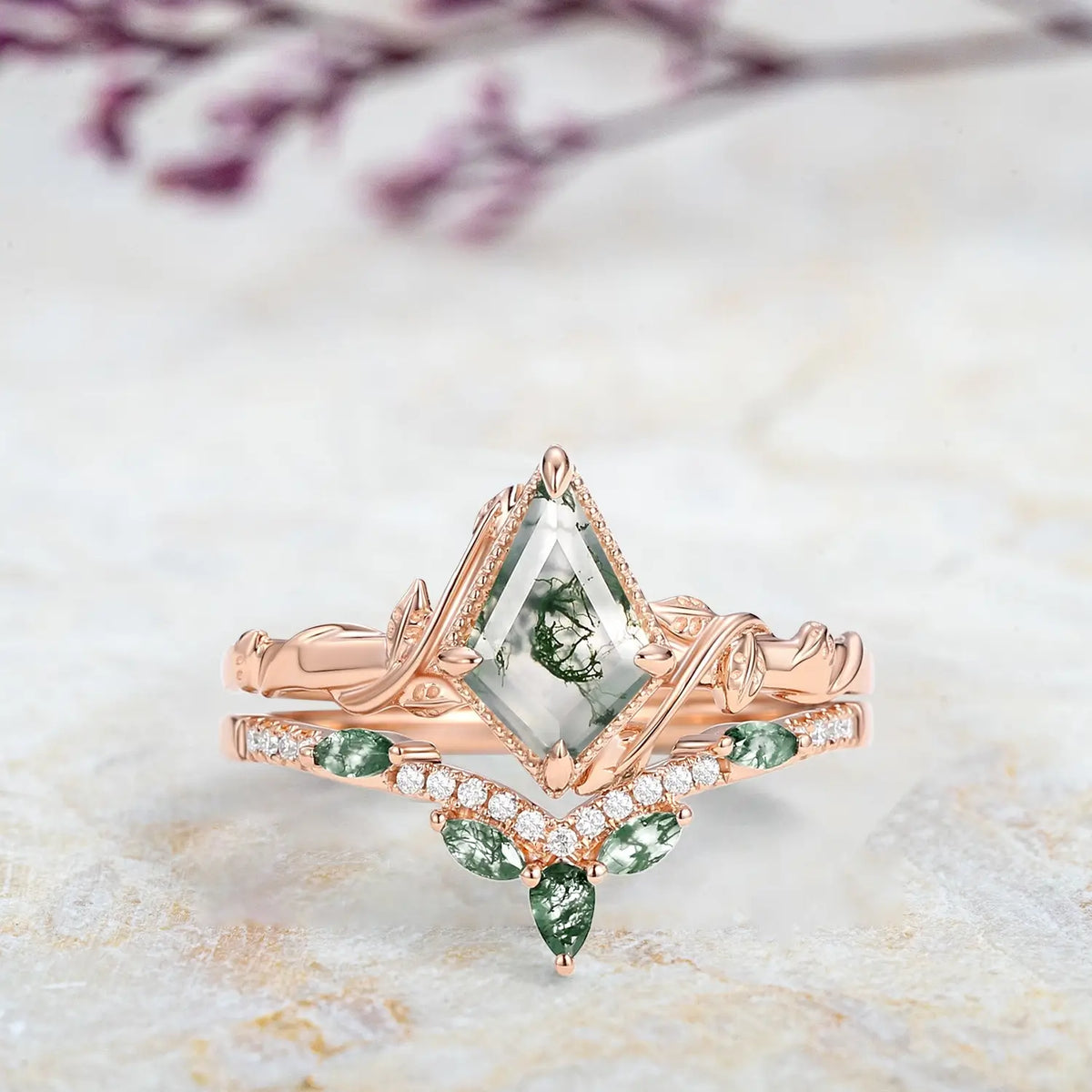 Forest Crown | Moss Agate Kite Leaf Engagement Ring Set – 2pcs Bridal Promise Ring orleone