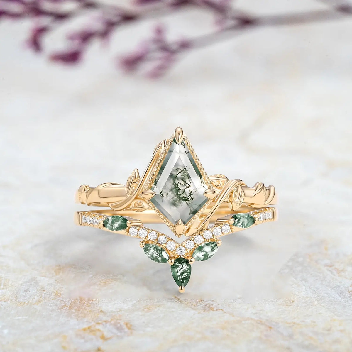 Forest Crown | Moss Agate Kite Leaf Engagement Ring Set – 2pcs Bridal Promise Ring