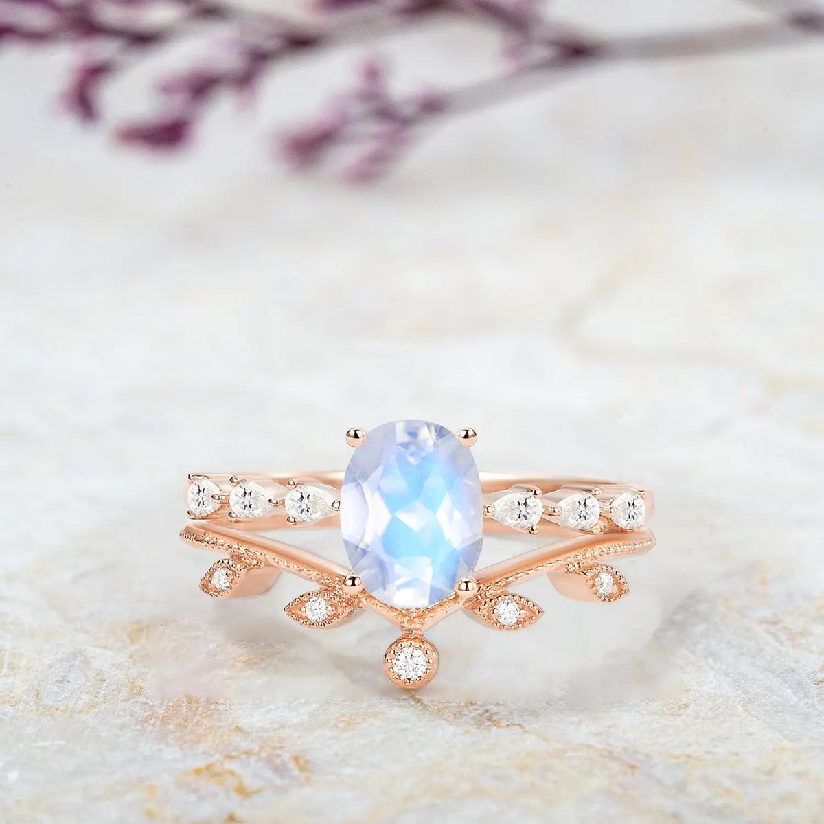 Moonstone Oval Chevron Engagement Ring Set – 2pcs Art Deco Leafy Rings custom yellow gold ring