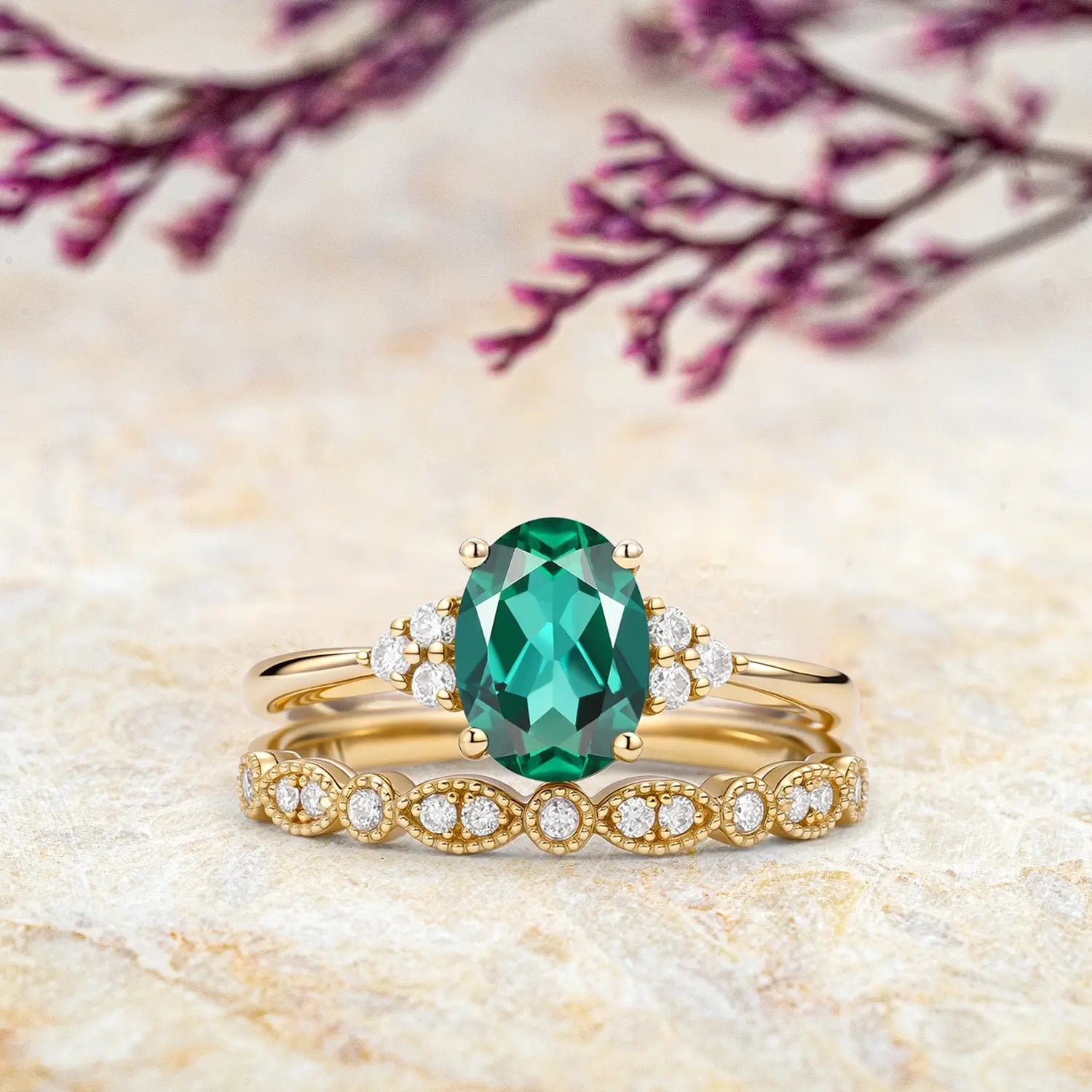 Lab Emerald Oval Cut Cluster Bridal Ring Set Orleone custom engagement ring for ladies gift may birthstone