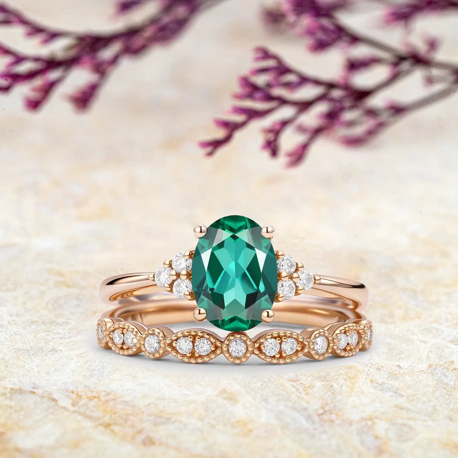 Lab Emerald Oval Cut Cluster Bridal Ring Set Orleone custom engagement ring for ladies gift may birthstone