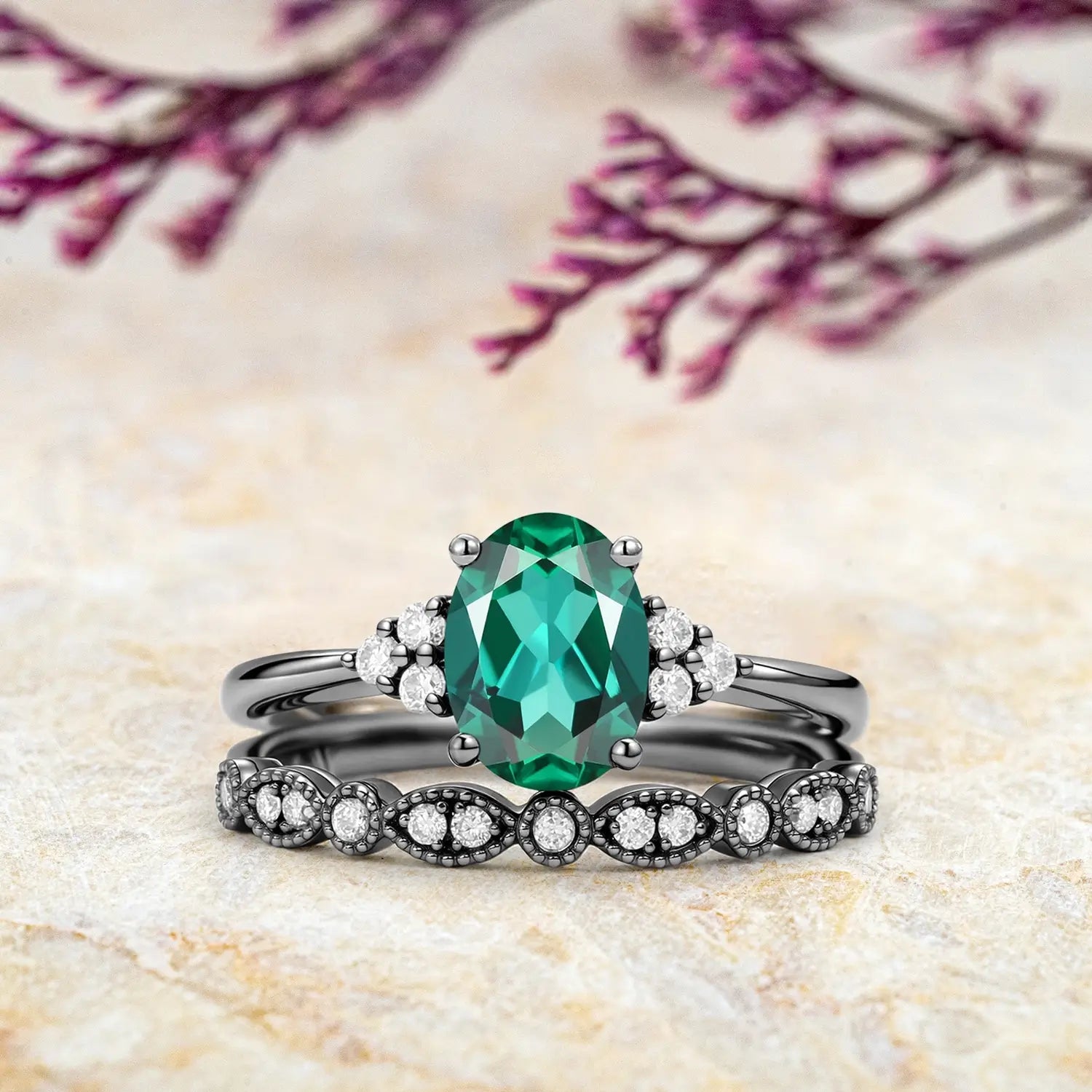 Lab Emerald Oval Cut Cluster Bridal Ring Set Orleone custom engagement ring for ladies gift may birthstone