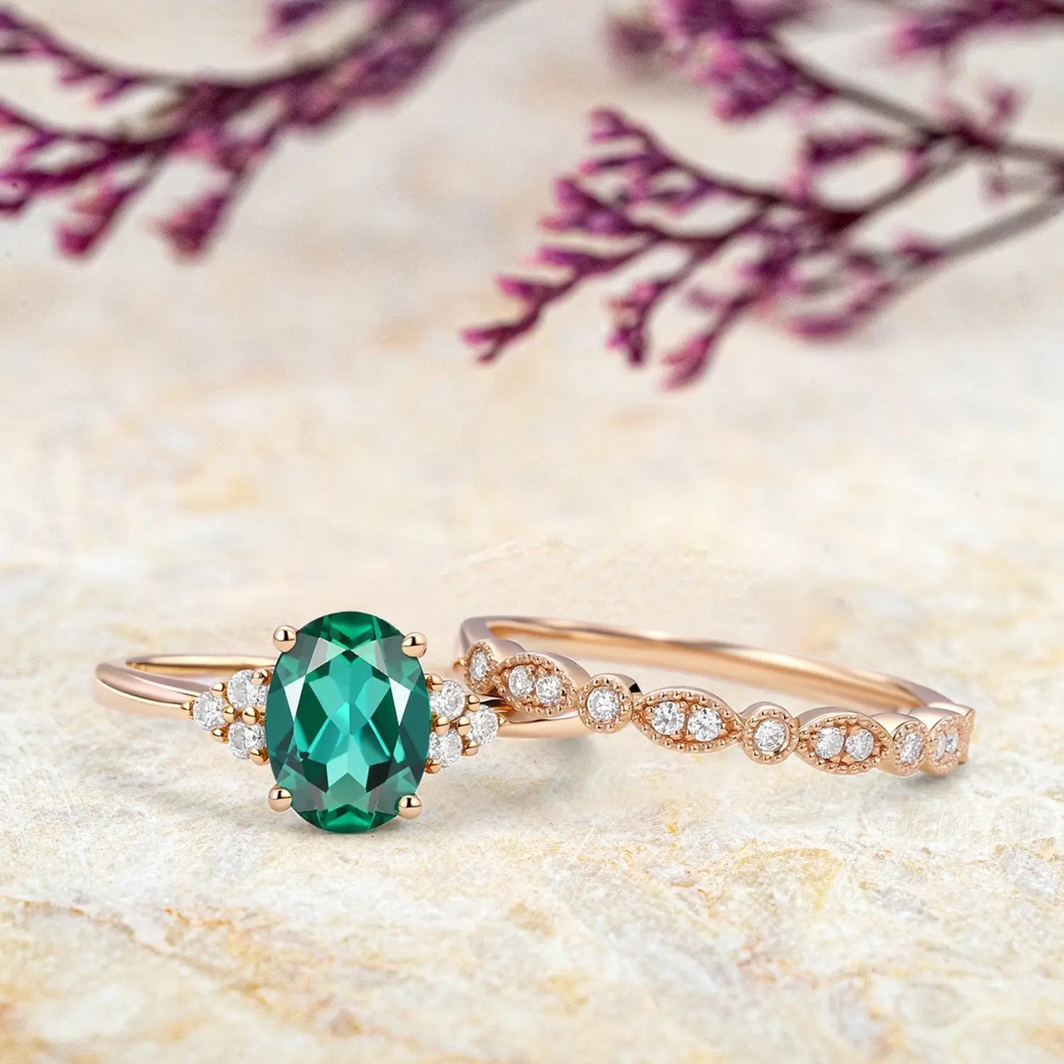 Lab Emerald Oval Cut Cluster Bridal Ring Set Orleone custom engagement ring for ladies gift may birthstone