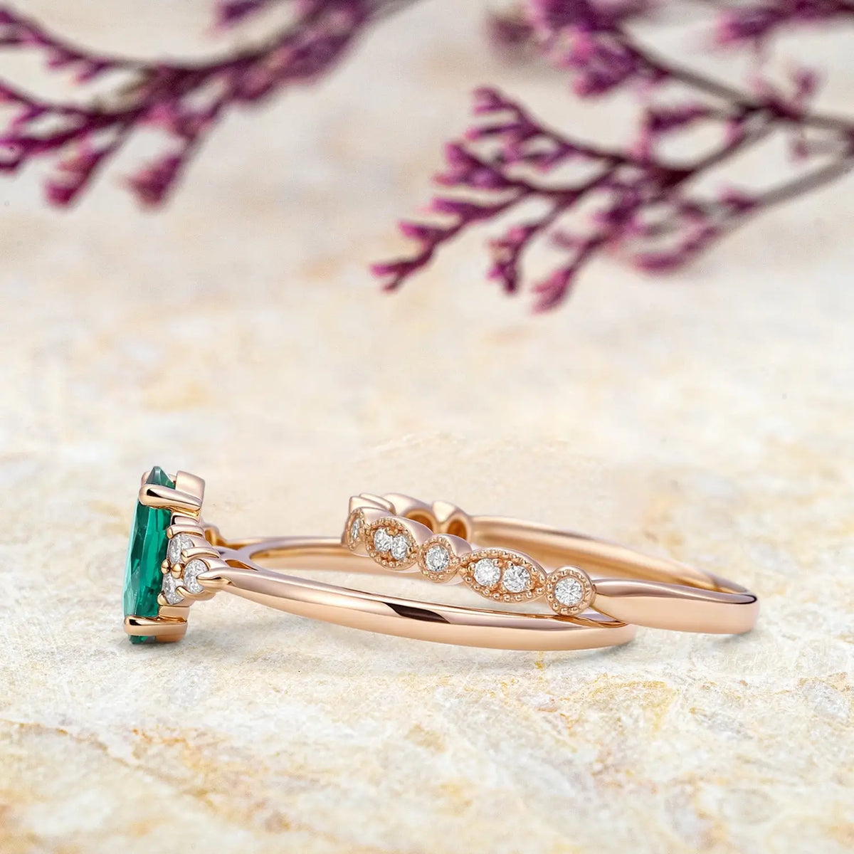 Lab Emerald Oval Cut Cluster Bridal Ring Set Orleone custom engagement ring for ladies gift may birthstone