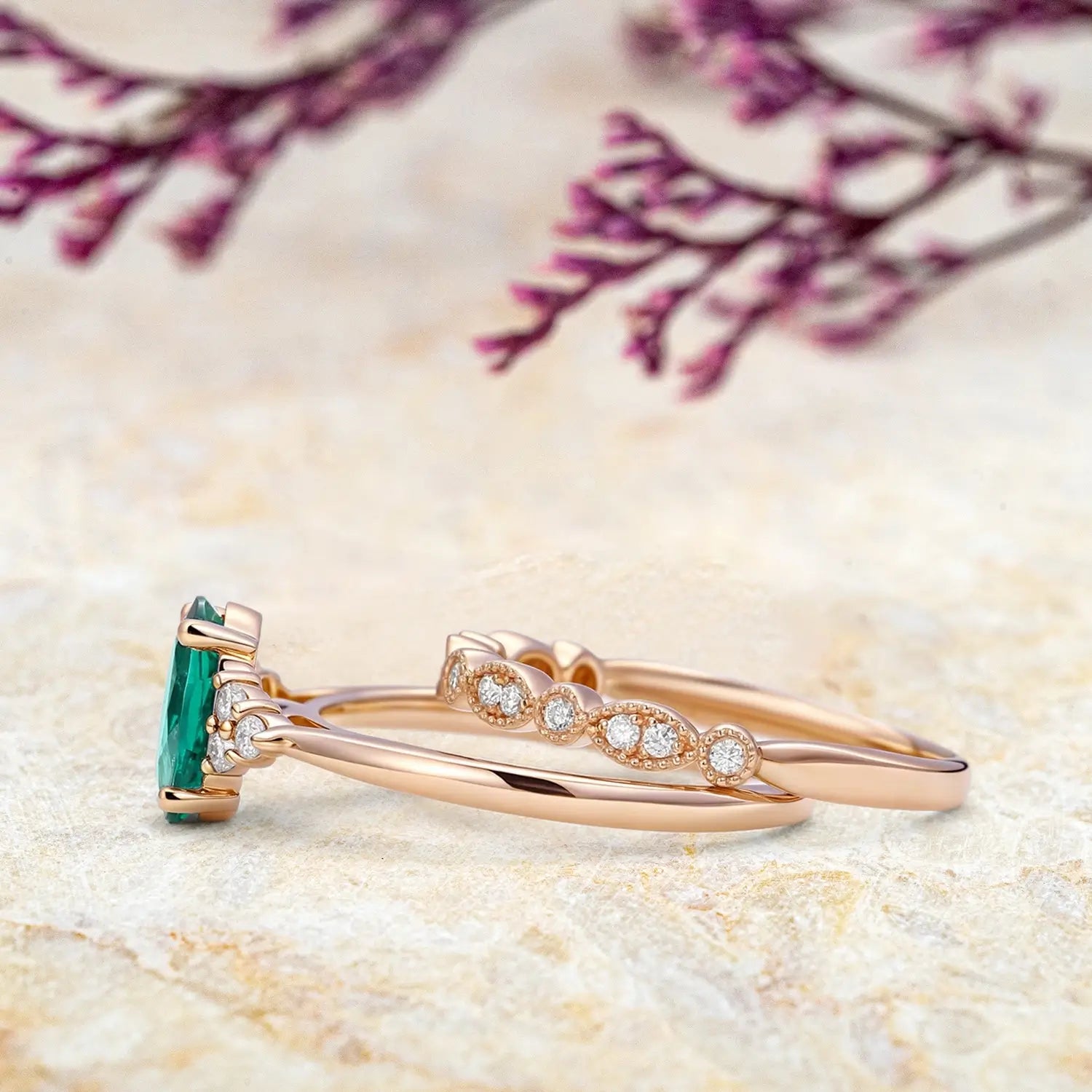 Lab Emerald Oval Cut Cluster Bridal Ring Set Orleone custom engagement ring for ladies gift may birthstone