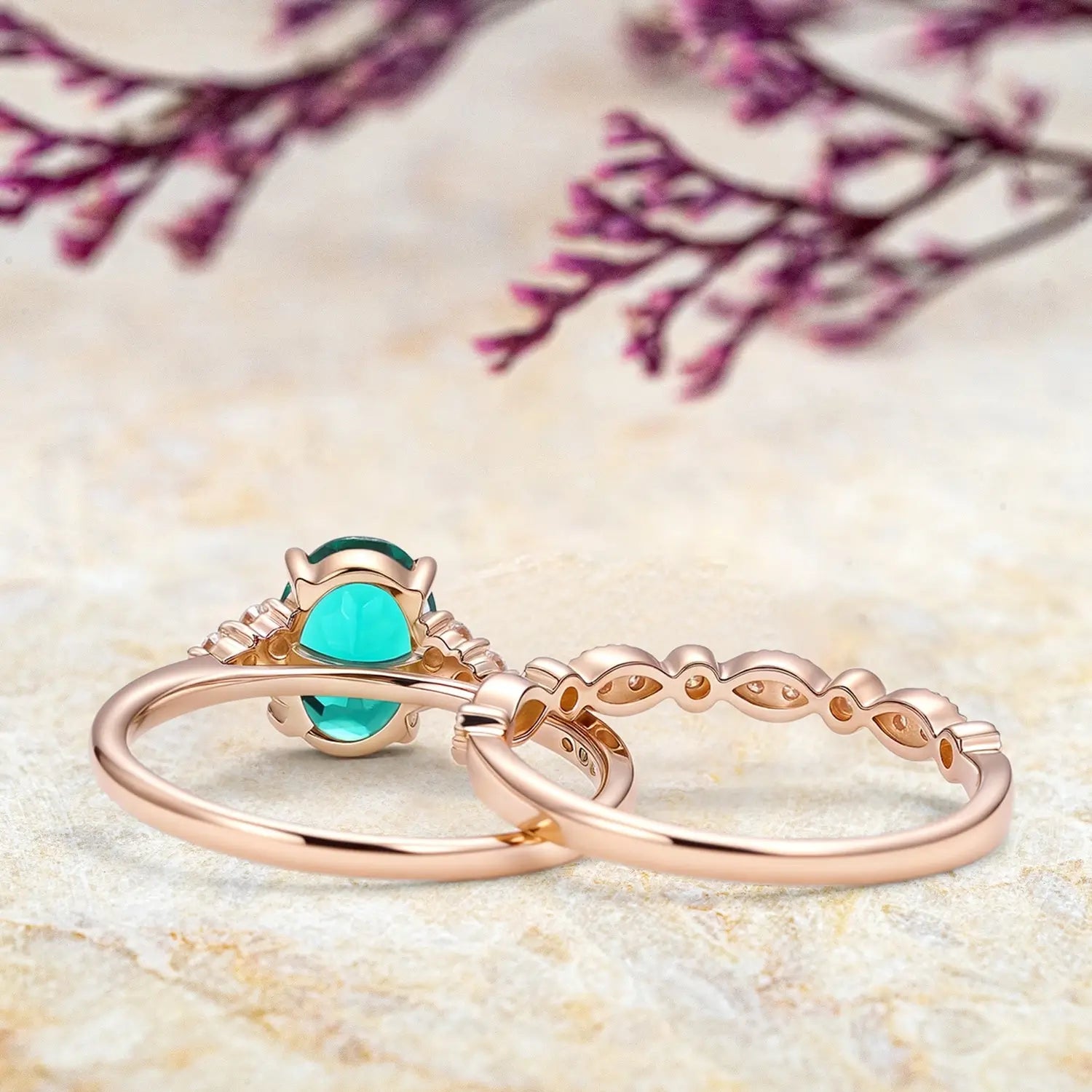Lab Emerald Oval Cut Cluster Bridal Ring Set Orleone custom engagement ring for ladies gift may birthstone
