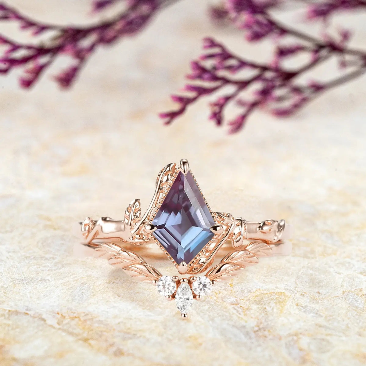 June Birthtsone Alexandrite Kite Leafy Engagement Ring Set | orleone