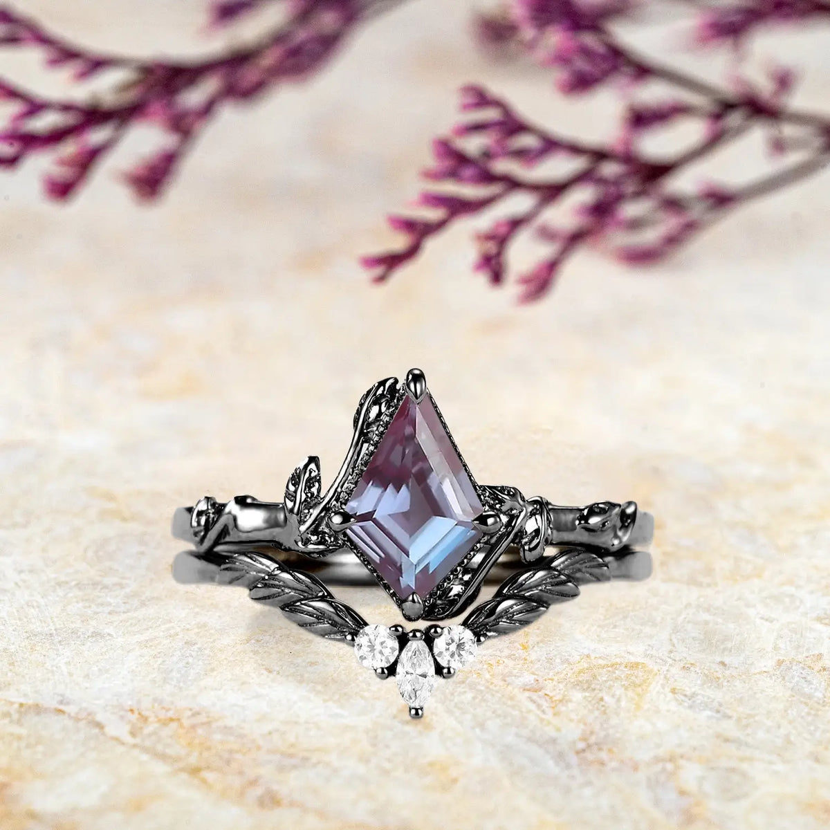 June Birthtsone Alexandrite Kite Leafy Engagement Ring Set | orleone black gold