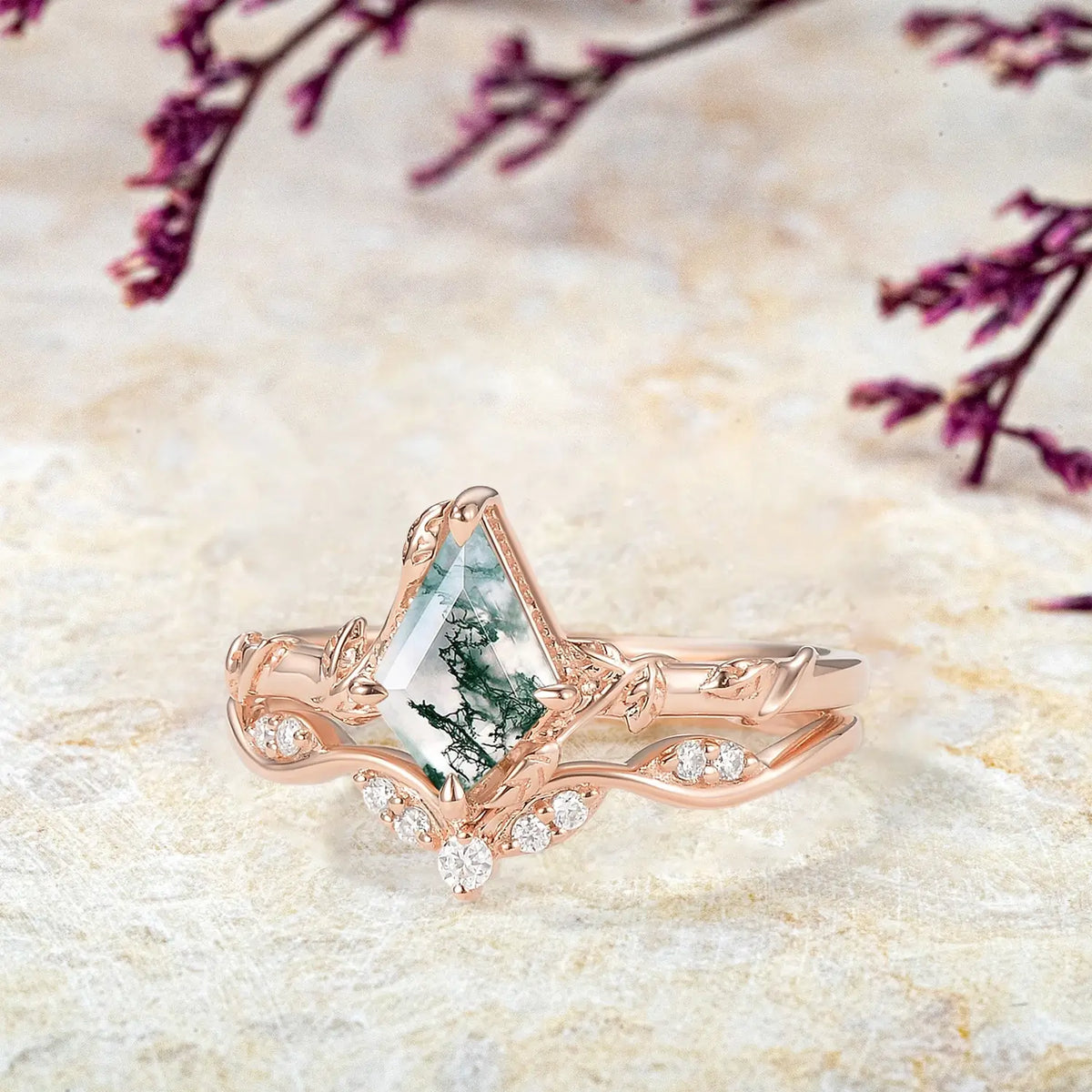 Kite Moss Agate Engagement Ring Set – 2pcs Art Leaf Rings | Enchanted Canopy promise Bridal Sets