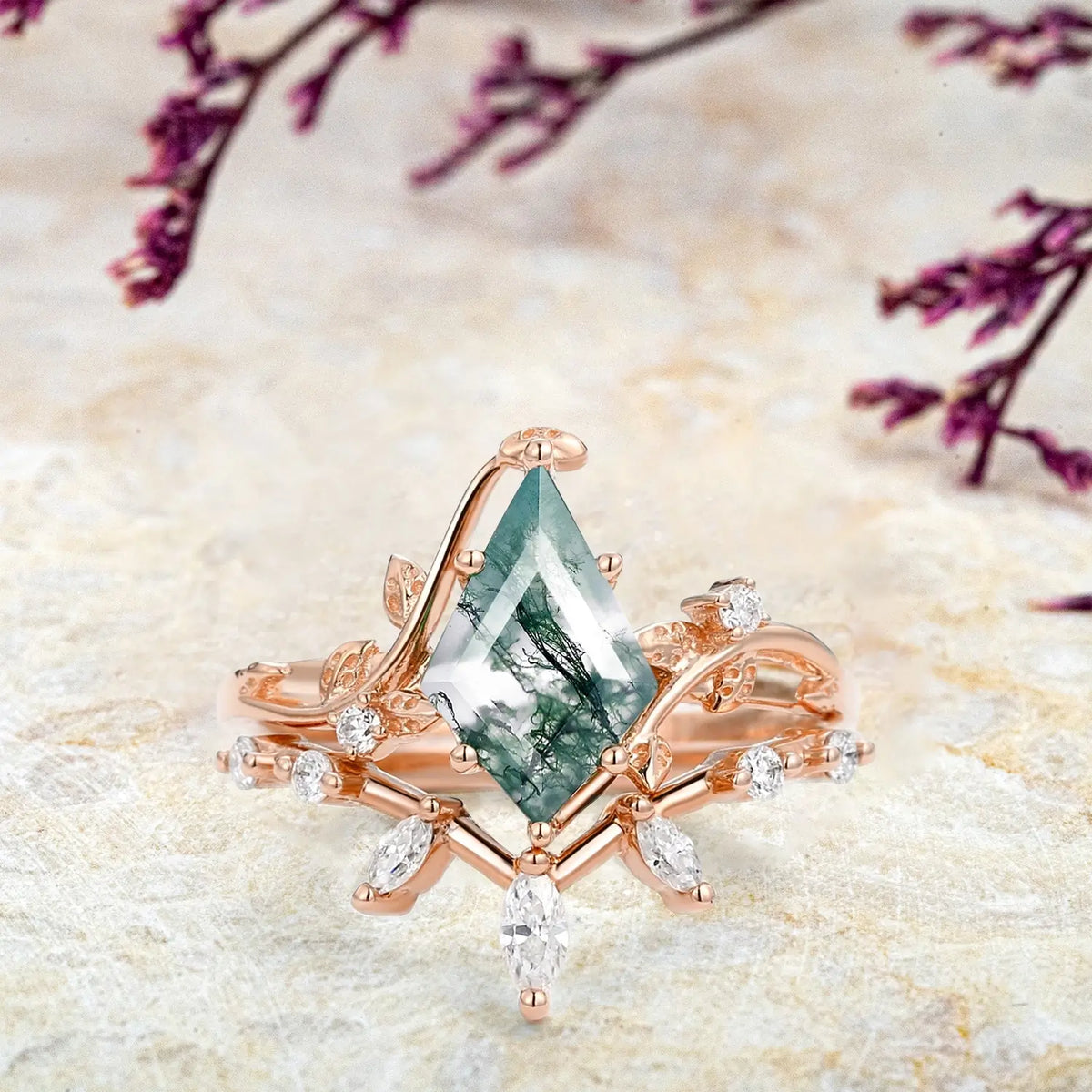 Moss Agate Engagement Bridal Ring Set – 2pcs Leaf Rings Whispers of the Grove | handmade custom jewelry gold ring