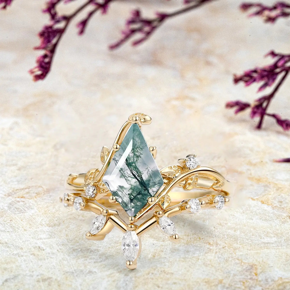 Moss Agate Engagement Bridal Ring Set – 2pcs Leaf Rings Whispers of the Grove | handmade custom jewelry gold ring