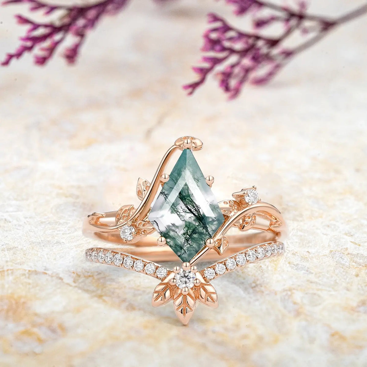 Moss Agate Bridal Sets – 2pcs Rose Gold Luxury Art Leaf Rings | Forest Vow in Bloom orleone yellow gold jewelry