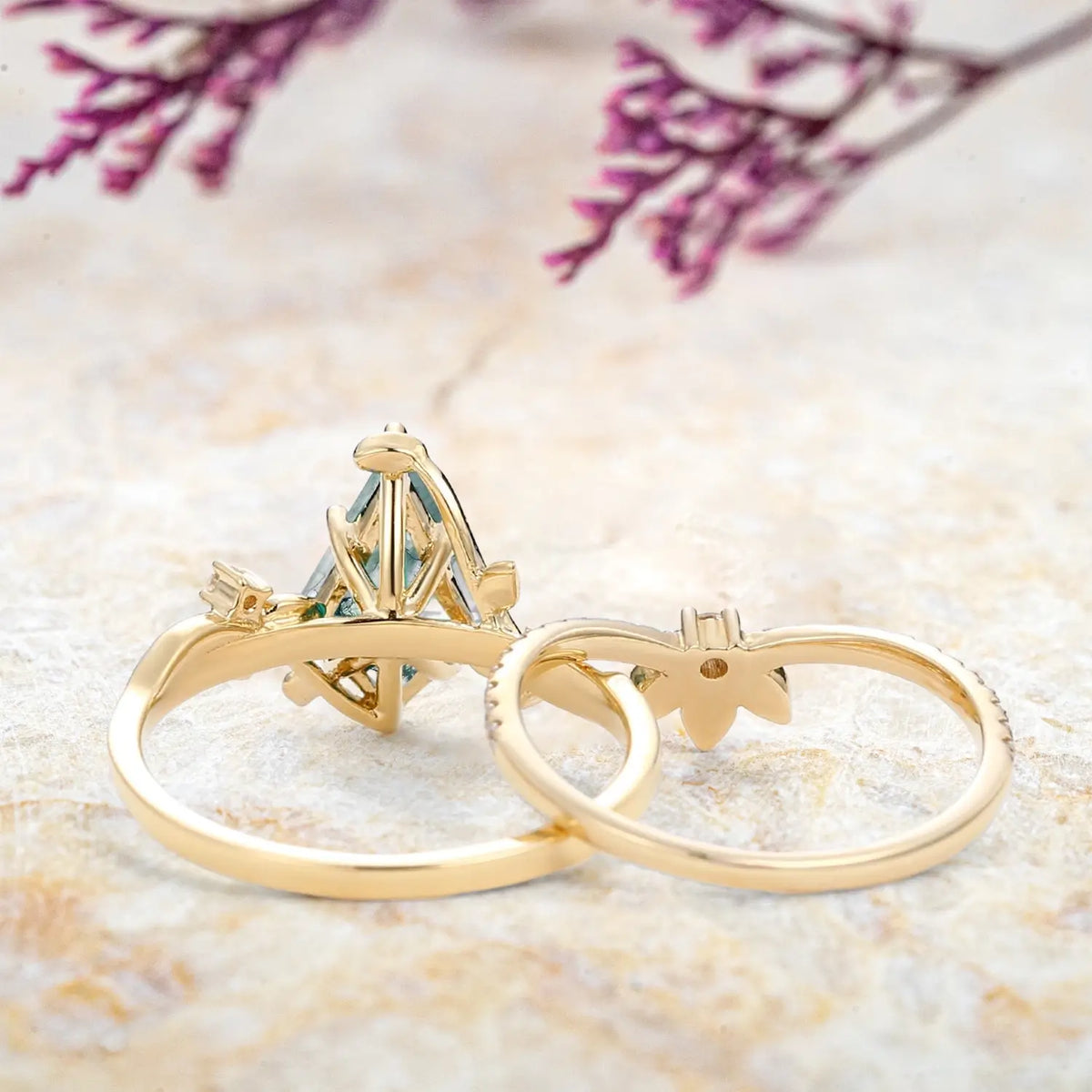 Moss Agate Bridal Sets – 2pcs Rose Gold Luxury Art Leaf Rings | Forest Vow in Bloom orleone yellow gold jewelry